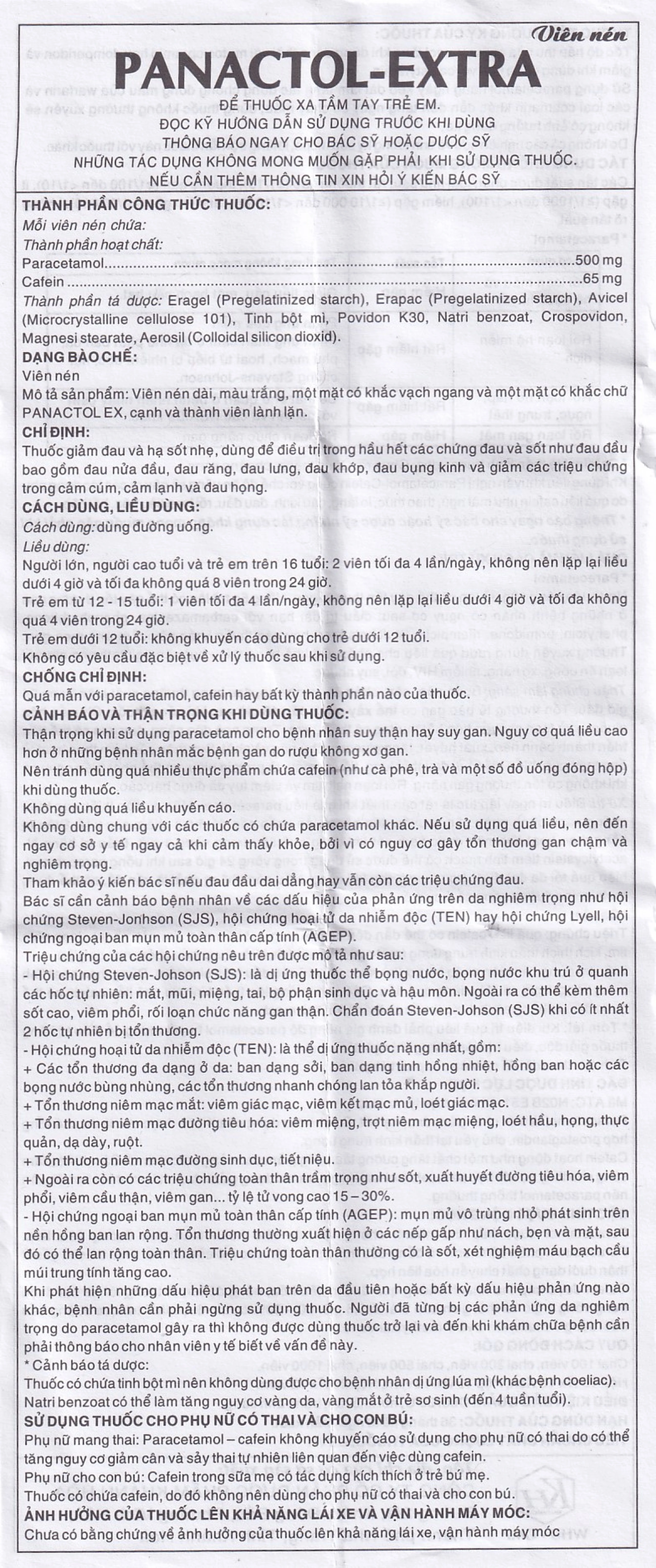 Viên nén Panactol Extra Khapharco hạ sốt, giảm đau (10 vỉ x 10 viên)