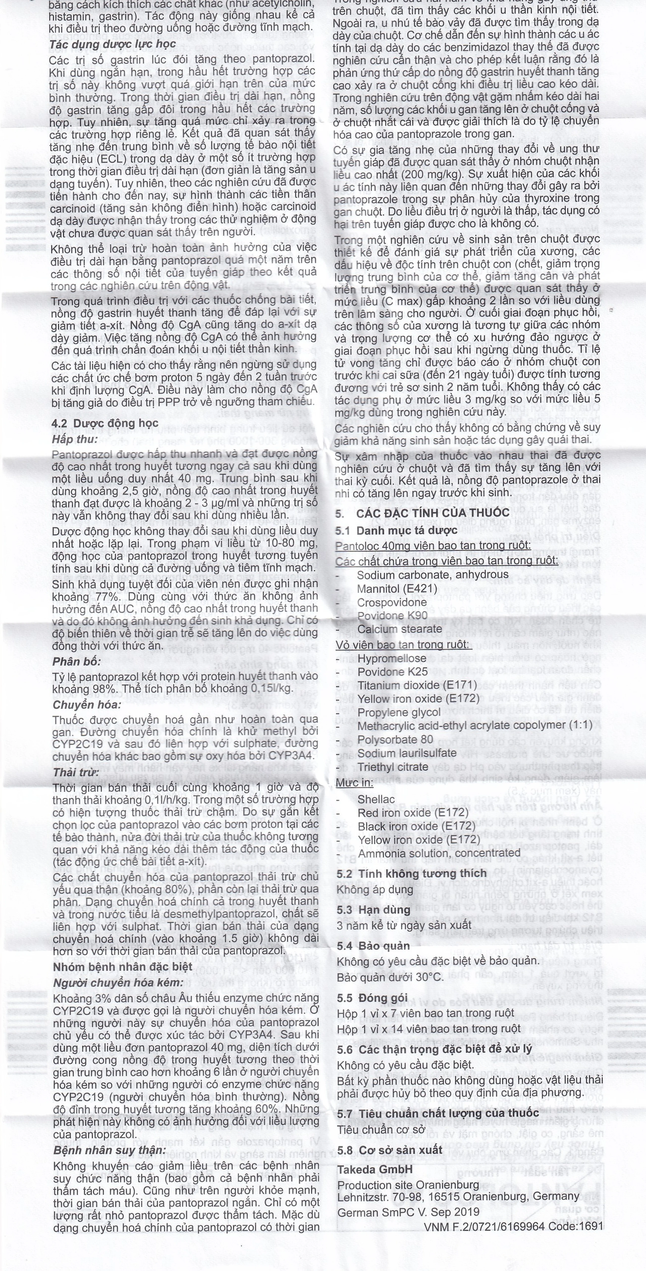 Viên nén Pantoloc 40mg Takeda điều trị viêm thực quản trào ngược (1 vỉ x 7 viên) 