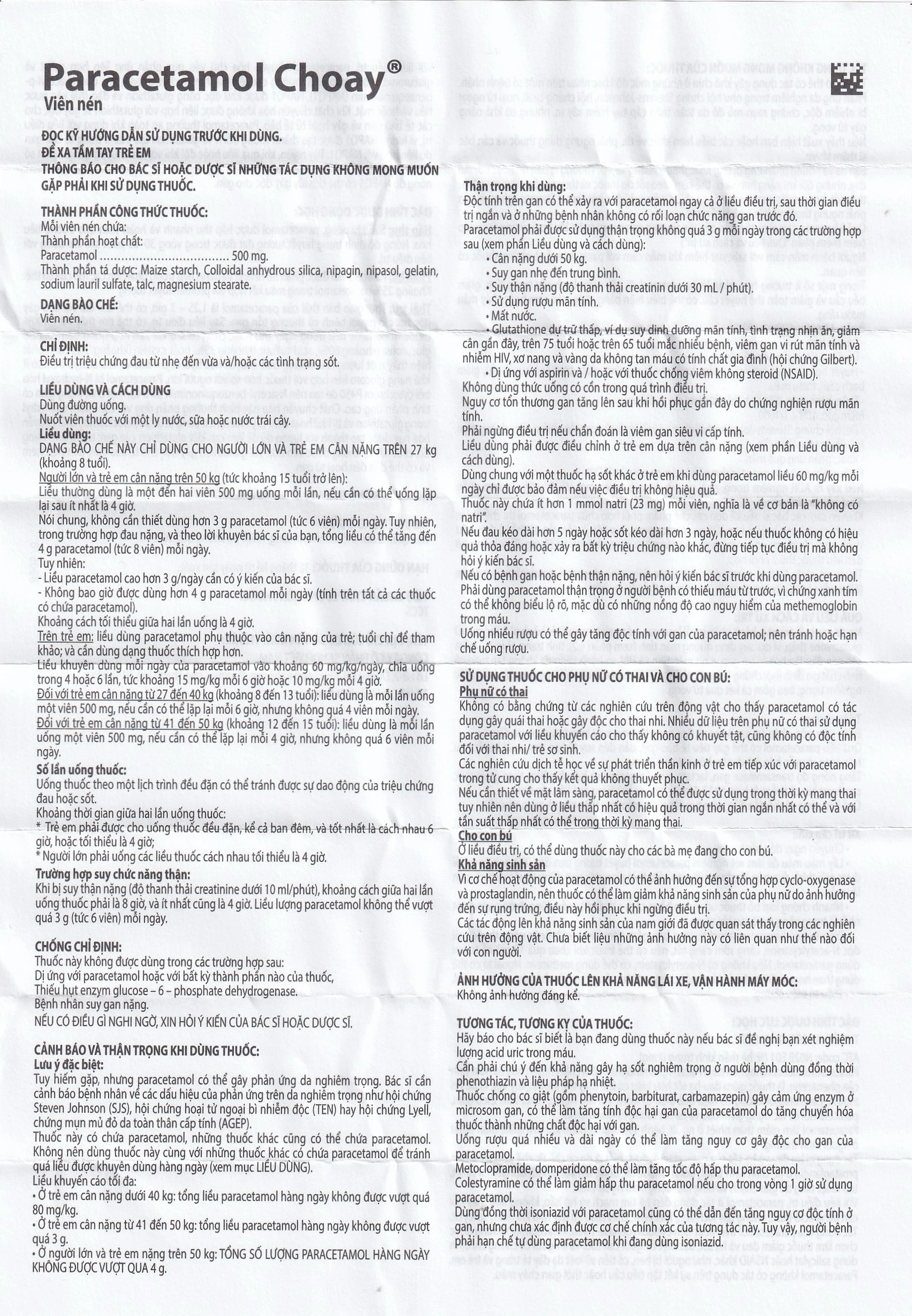 Viên nén Paracetamol Choay 500mg Sanofi điều trị triệu chứng đau từ nhẹ đến vừa, sốt (10 vỉ x 10 viên)