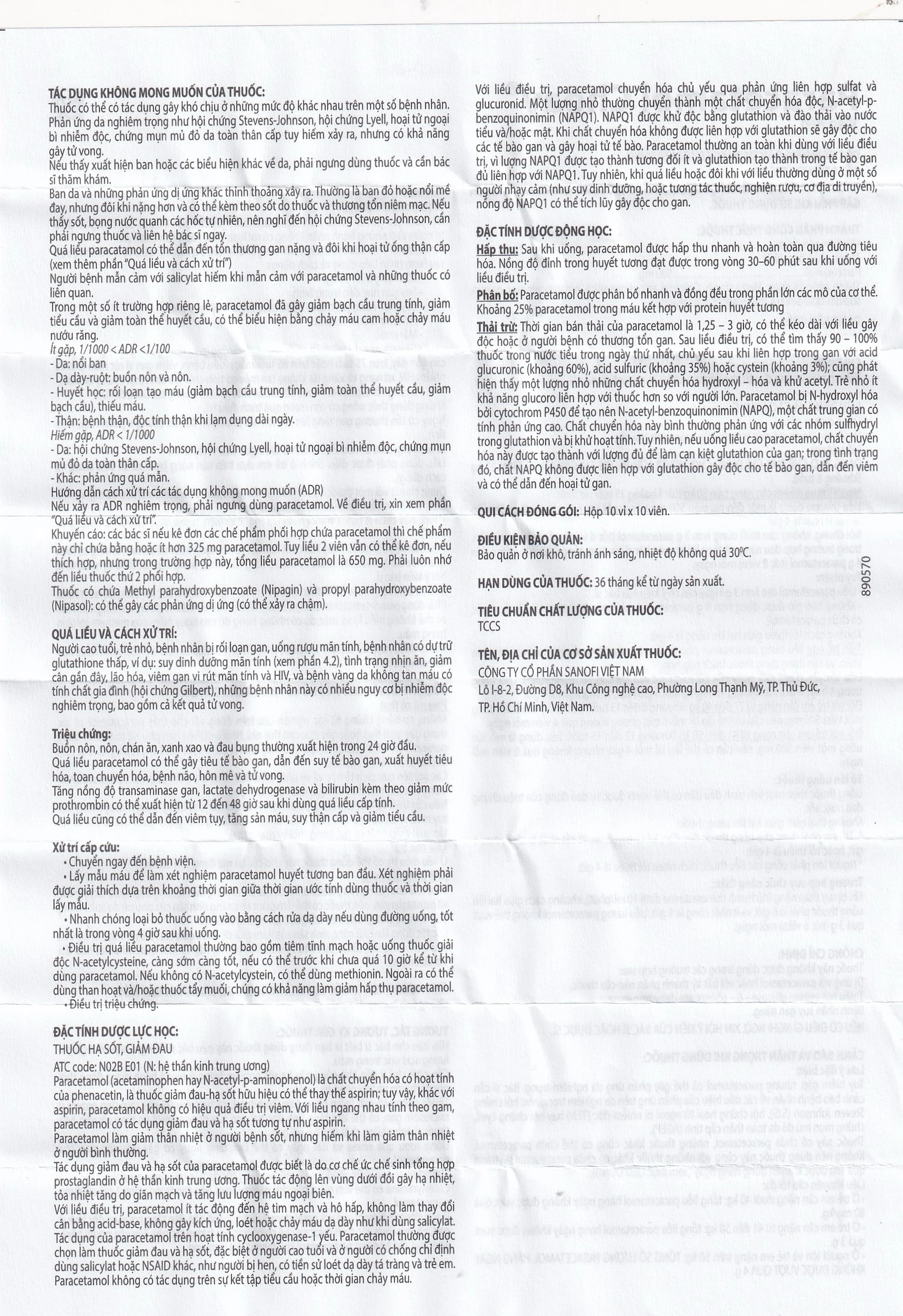 Viên nén Paracetamol Choay 500mg Sanofi điều trị triệu chứng đau từ nhẹ đến vừa, sốt (10 vỉ x 10 viên)