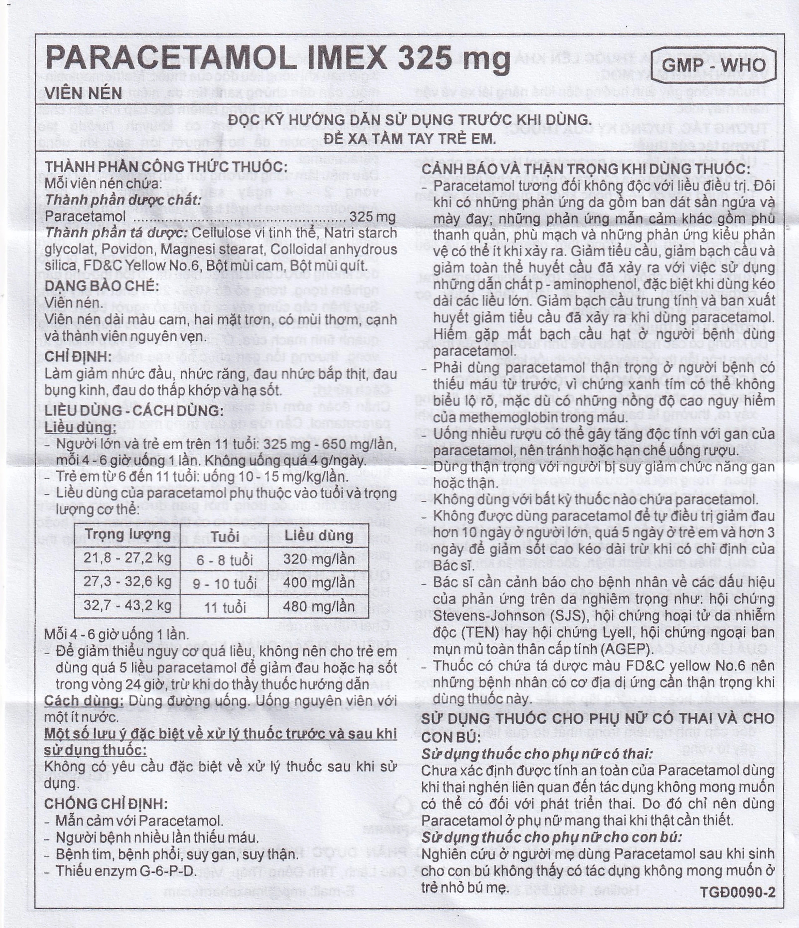 Viên nén Paracetamol Imex 325mg giảm nhức đầu, nhức răng, đau nhức bắp thịt (10 vỉ x 10 viên)
