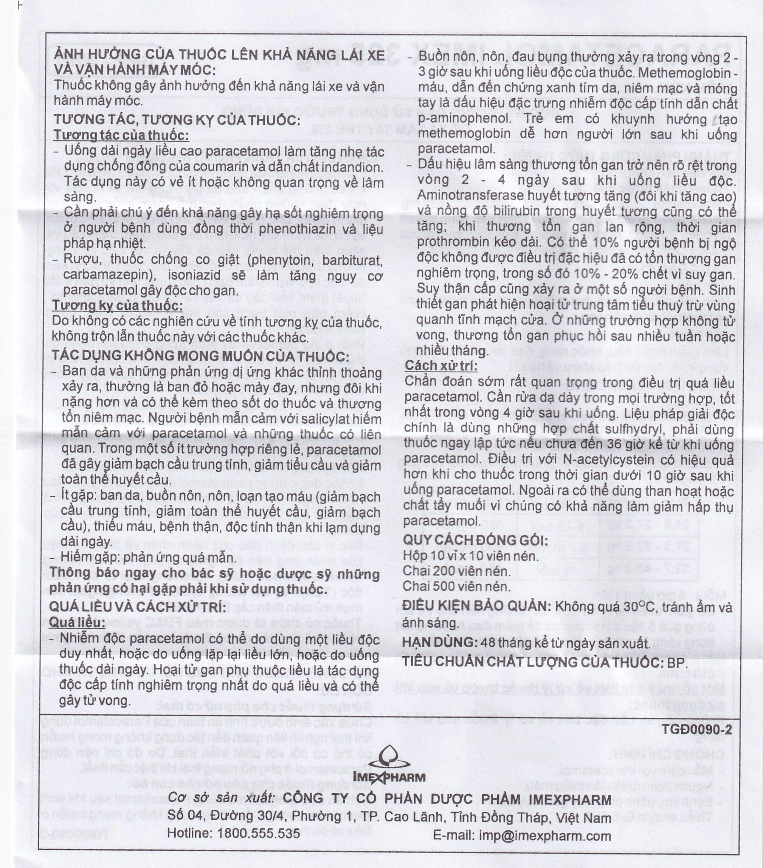 Viên nén Paracetamol Imex 325mg giảm nhức đầu, nhức răng, đau nhức bắp thịt (10 vỉ x 10 viên)