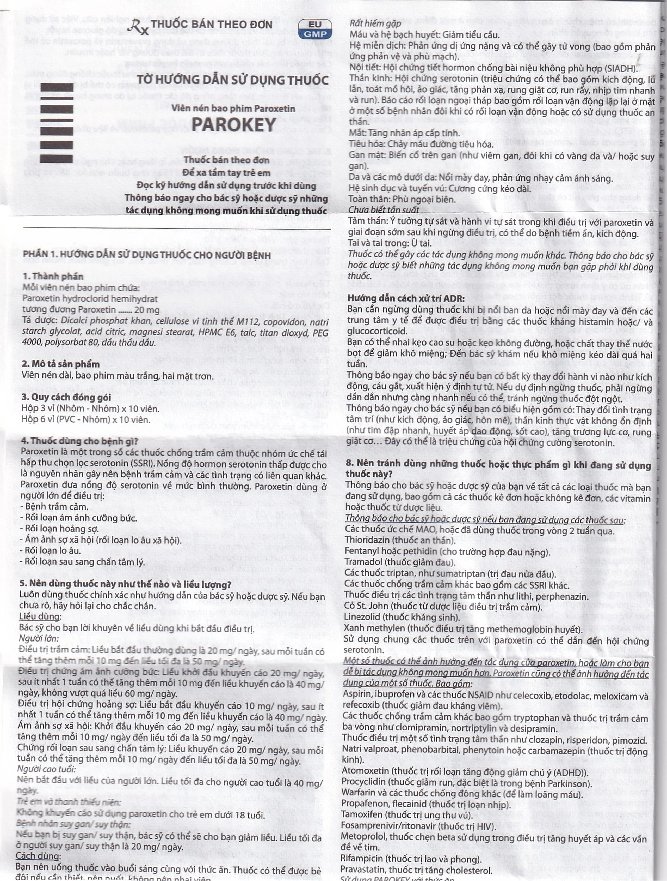 Viên nén Parokey 20mg DaViPharm điều trị trầm cảm, rối loạn ám ảnh cưỡng bức (3 vỉ x 10 viên) 