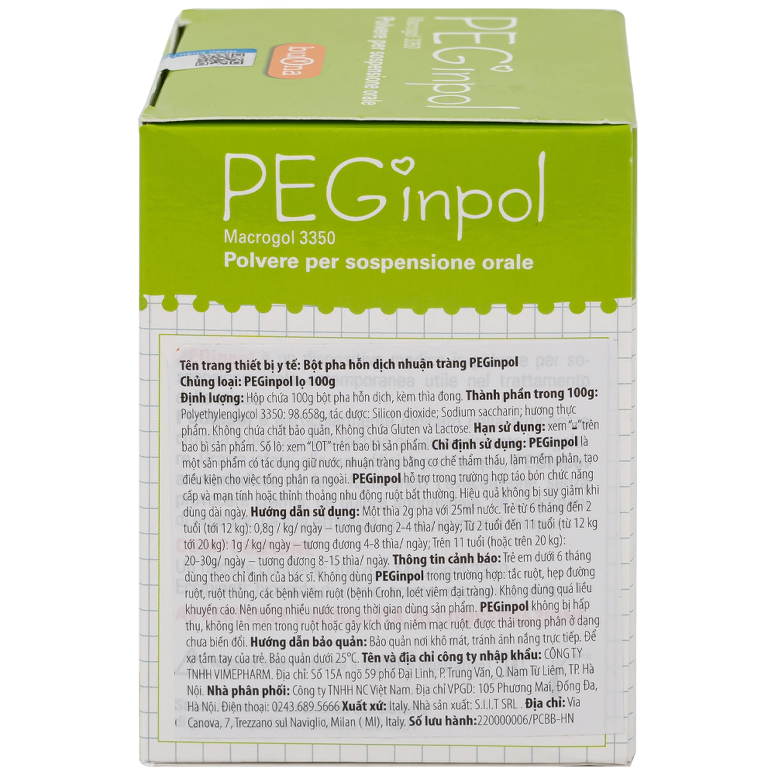 Bột nhuận tràng Buona Peginpol 100g cải thiện tình trạng táo bón cho trẻ từ 6 tháng tuổi