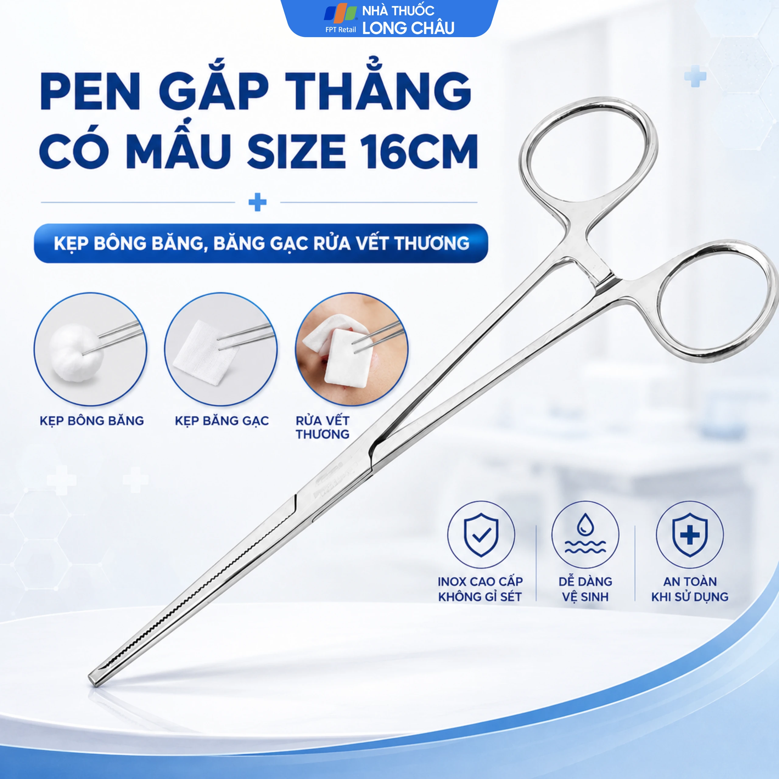 Pen gắp thẳng có mấu size 16cm dùng kẹp bông băng, băng gạc rửa vết thương 2