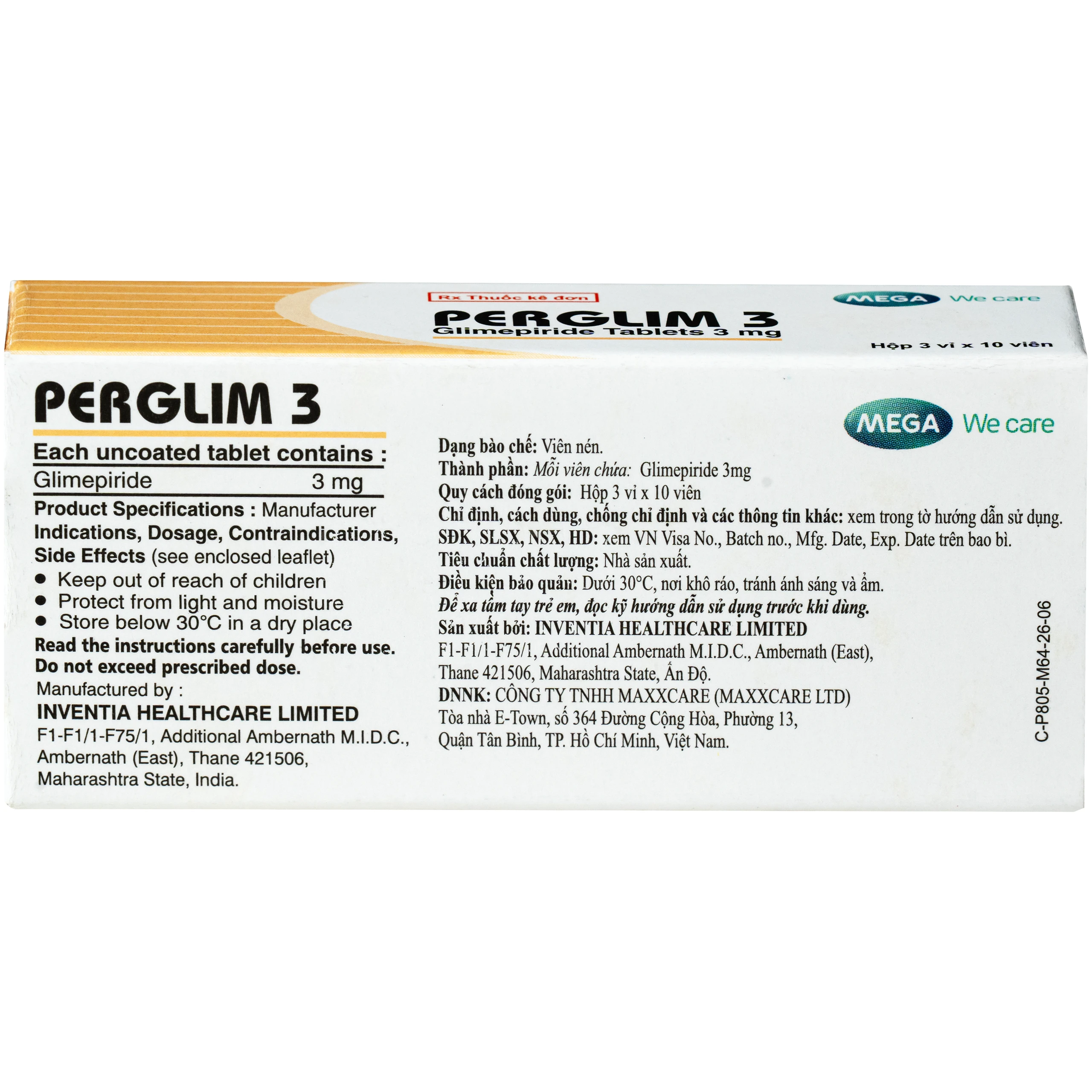 Thuốc Perglim 3mg Mega kiểm soát đường huyết ở bệnh nhân đái tháo đường type 2 (3 vỉ x 10 viên) 3