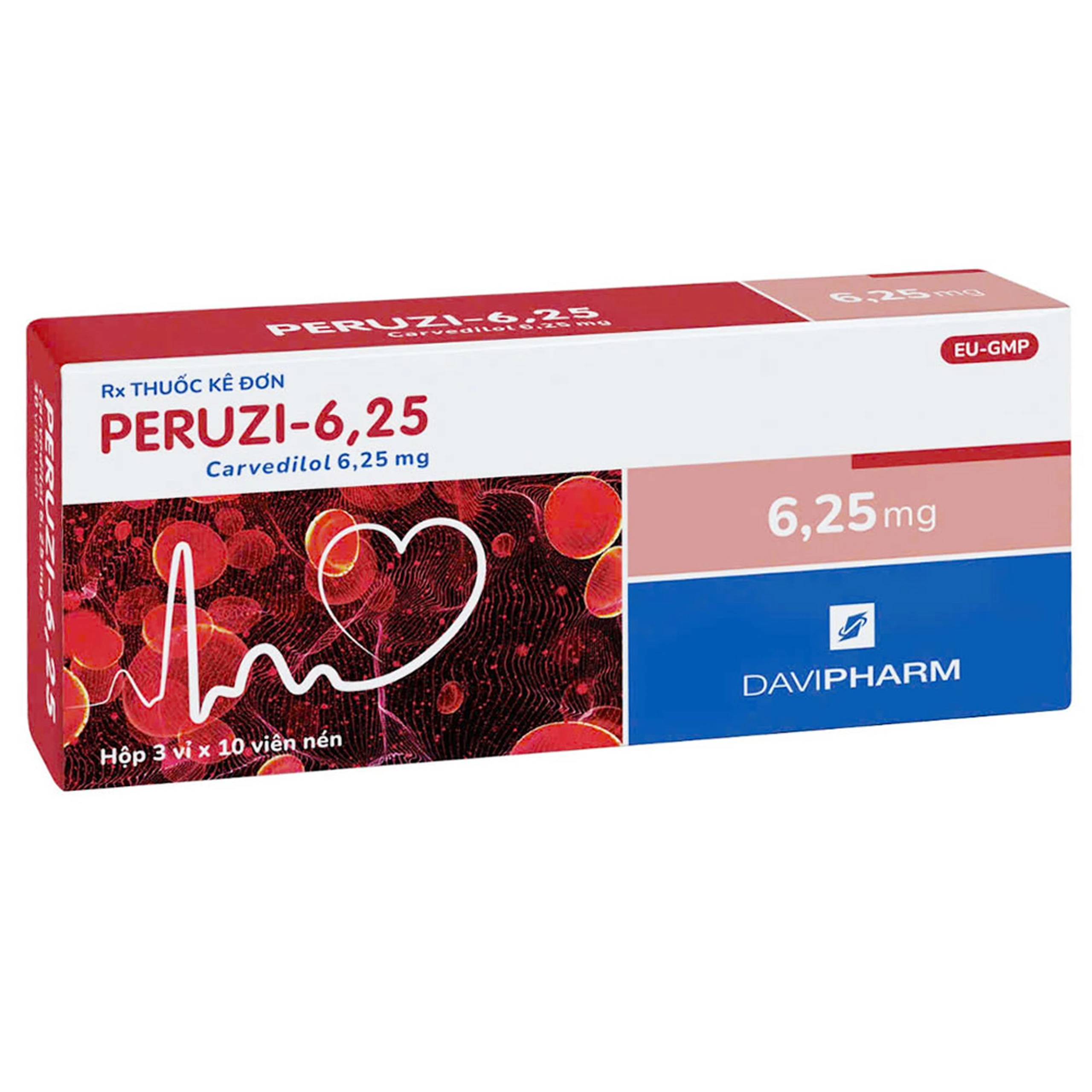 Viên nén Peruzi-6,25 DaViPharm chống tăng huyết áp, chống đau thắt ngực (3 vỉ x 10 viên)