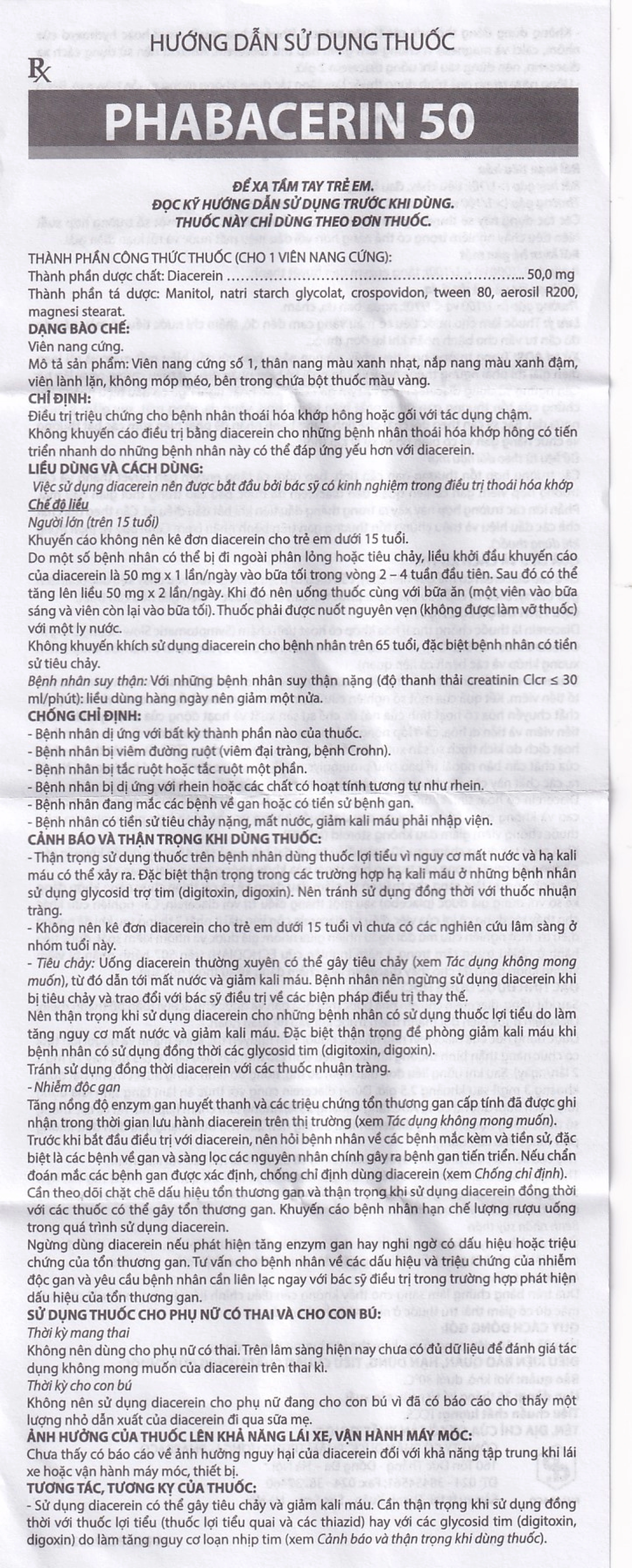 Thuốc uống Phabacerin 50 Pharbaco điều trị thoái hóa khớp (3 vỉ x 10 viên)