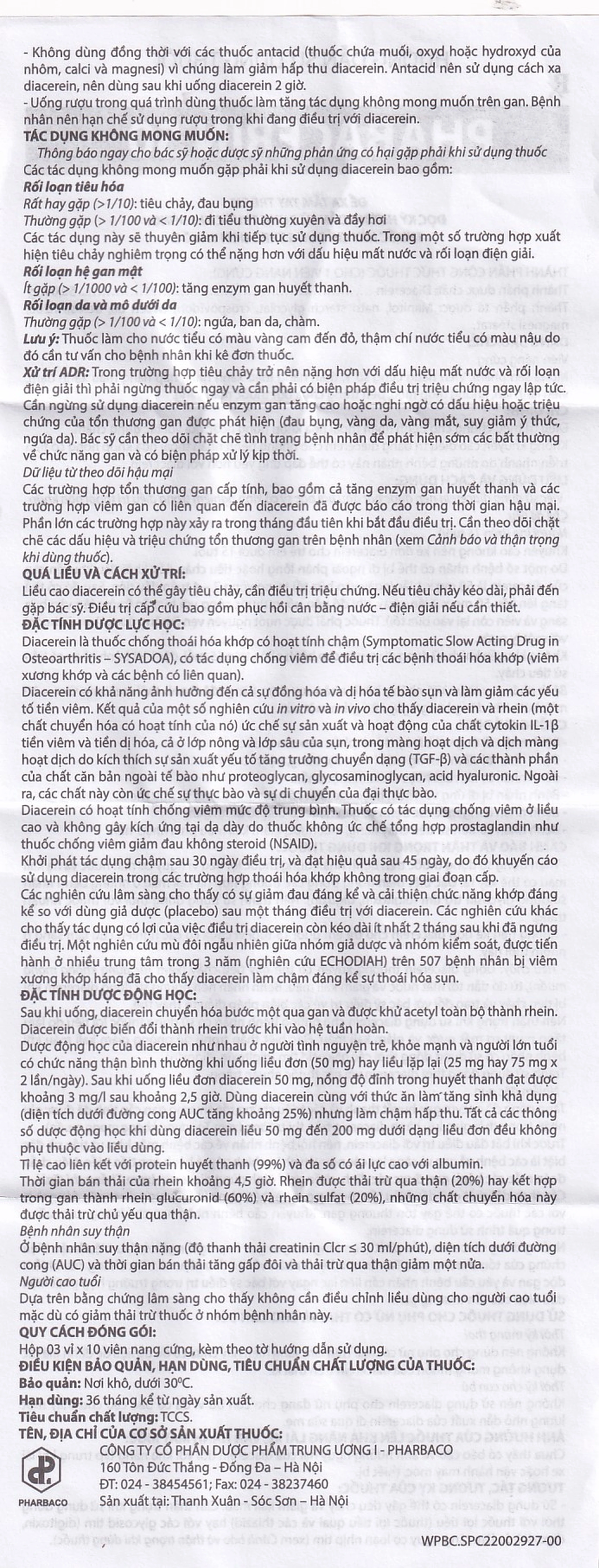 Thuốc uống Phabacerin 50 Pharbaco điều trị thoái hóa khớp (3 vỉ x 10 viên)