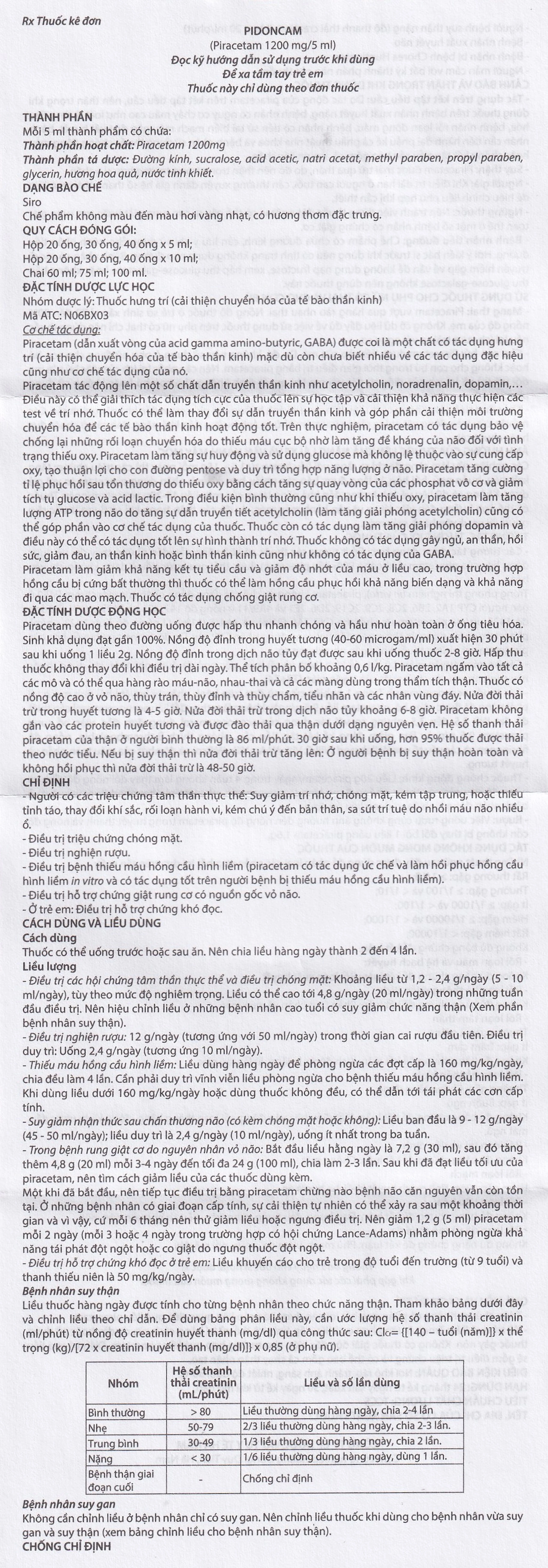 Thuốc Pidoncam 1200mg/5ml Hà Nam điều trị triệu chứng chóng mặt, suy giảm trí nhớ (20 ống x 10ml)