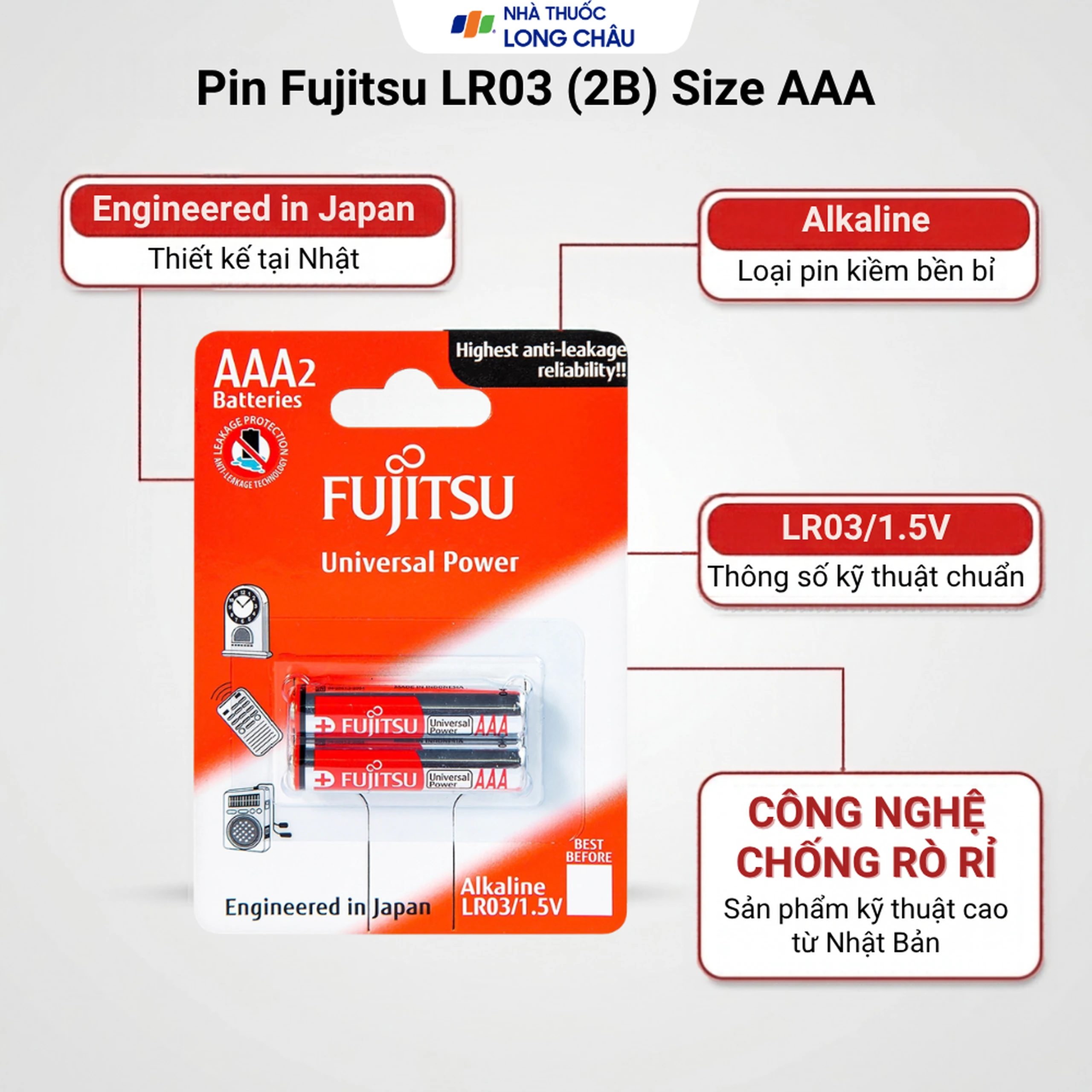 Pin Fujitsu Alkaline LR03 (2B) AAA FU-W-FI (vỉ 2 viên) dùng cho các thiết bị điện tử 3