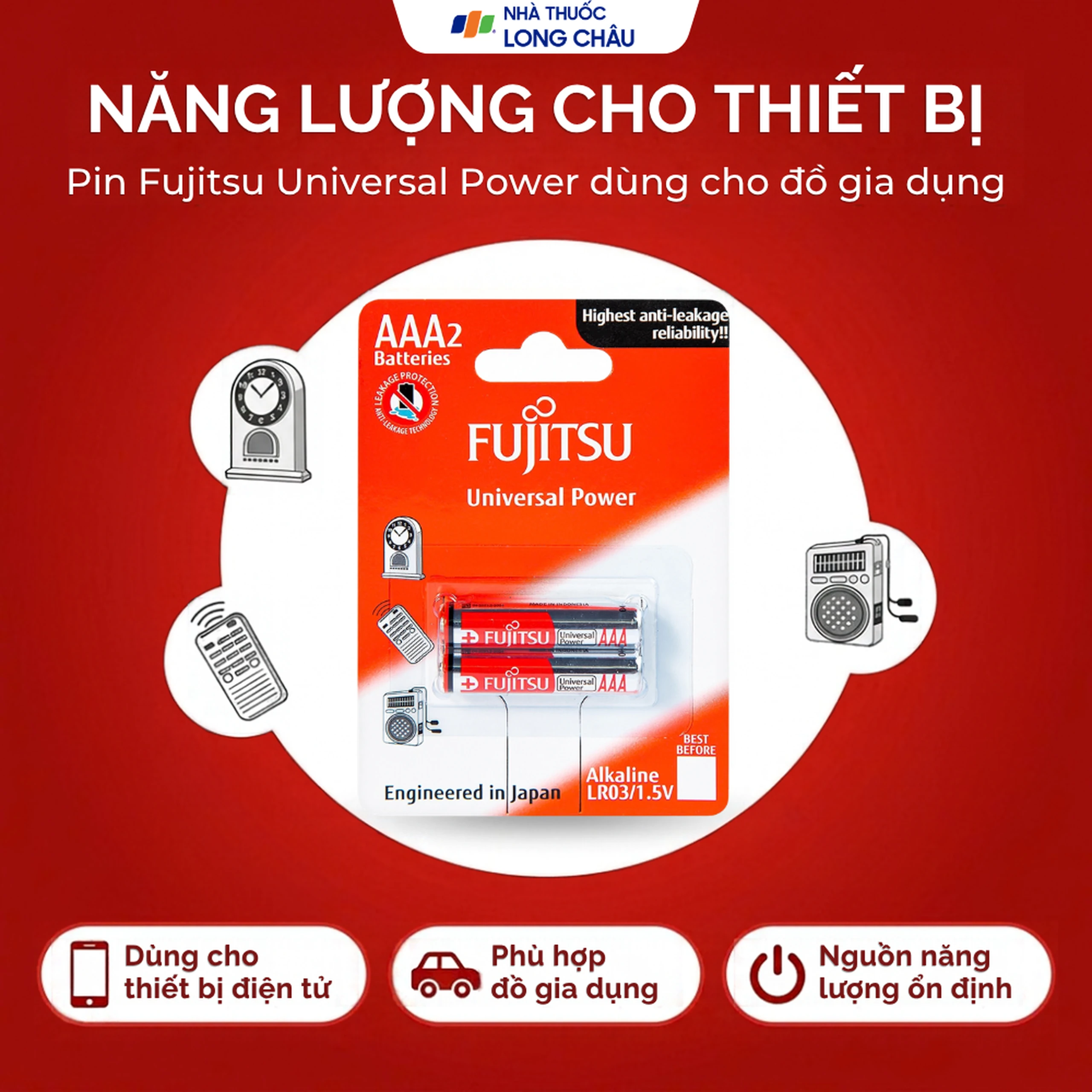 Pin Fujitsu Alkaline LR03 (2B) AAA FU-W-FI (vỉ 2 viên) dùng cho các thiết bị điện tử 2