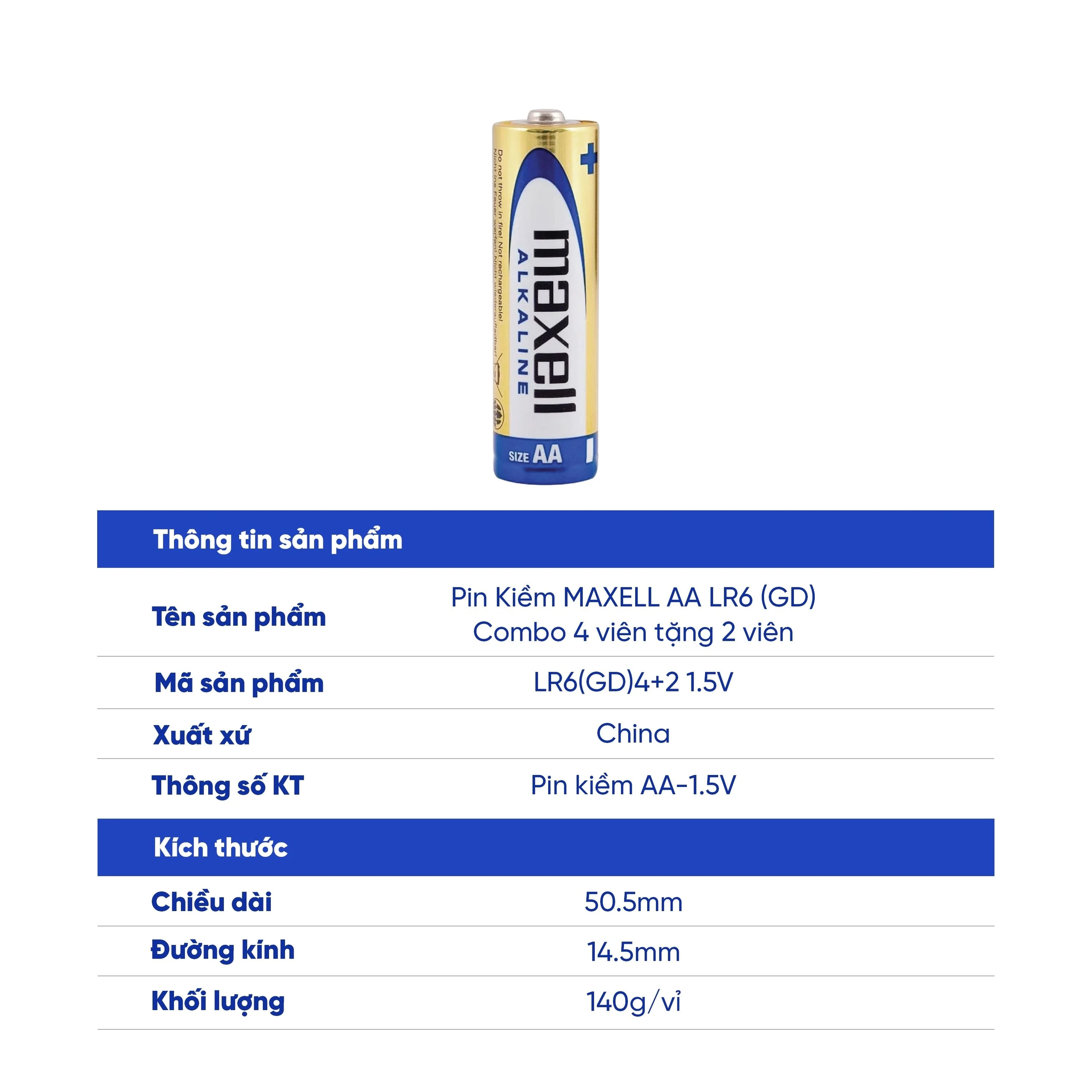 Pin kiềm Maxell super alkaline AA LR6(GD) (vỉ 6 viên) dùng cho các thiết bị điện tử