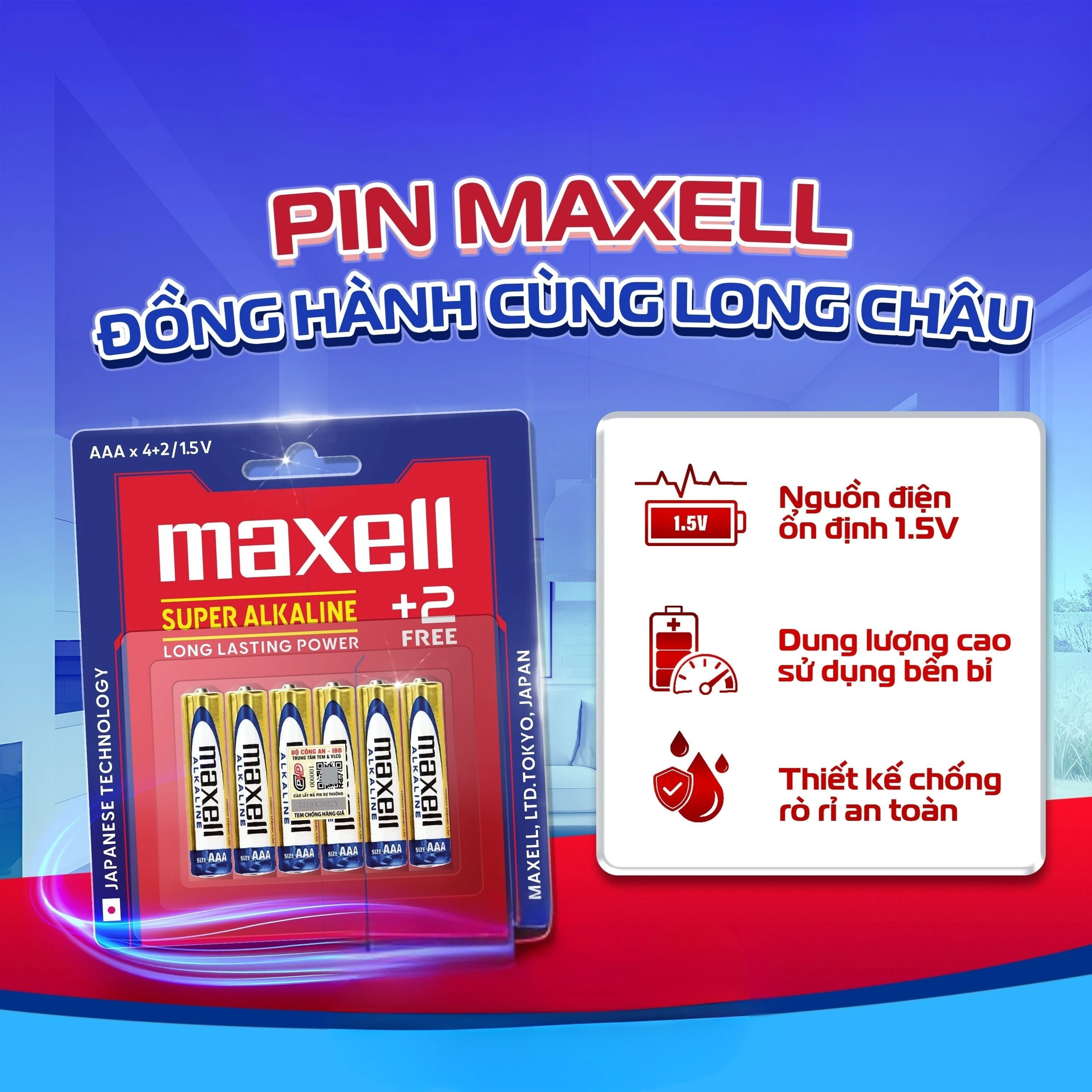 Pin kiềm Maxell super alkaline AAA LR3(GD) (vỉ 6 viên) dùng cho các thiết bị điện tử