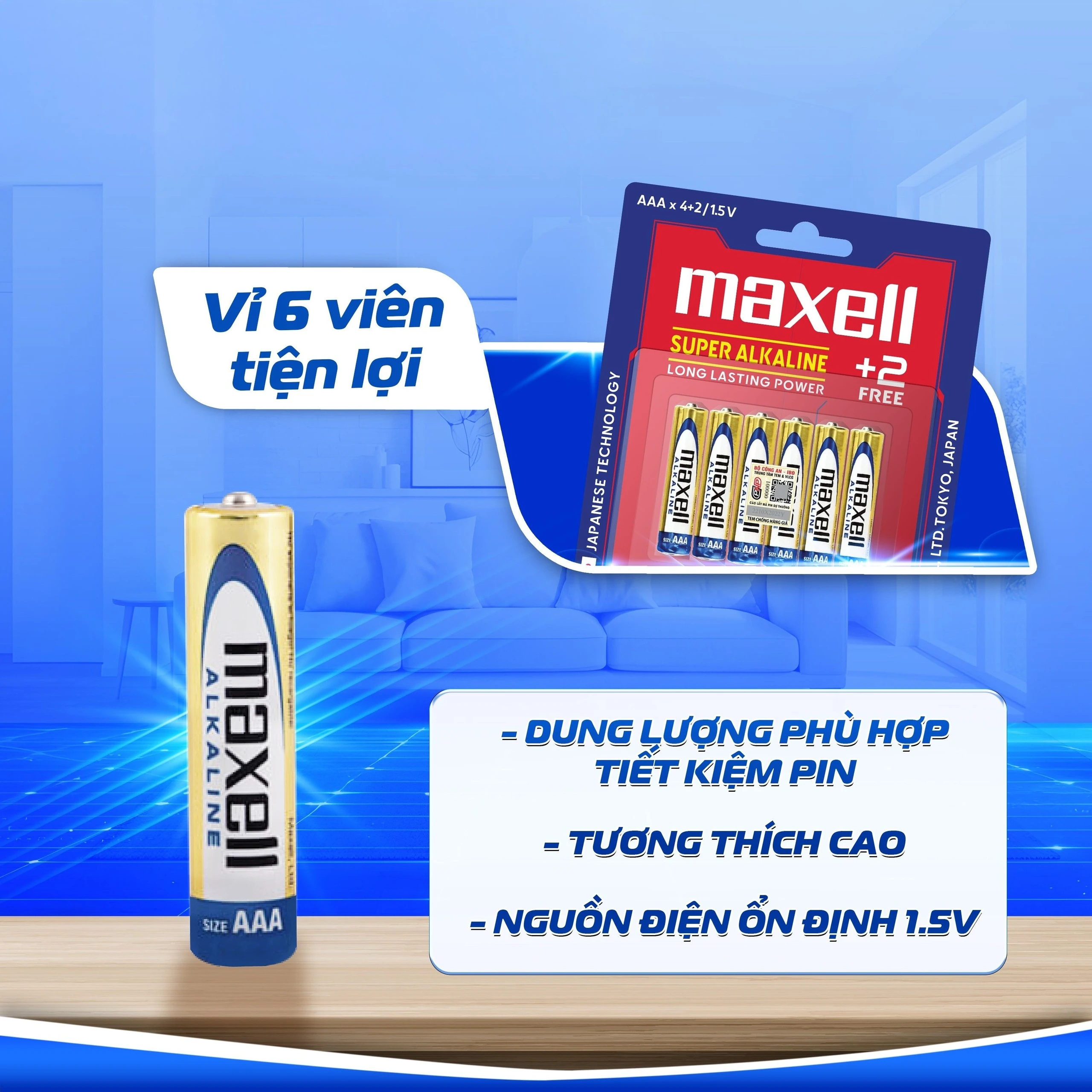 Pin kiềm Maxell super alkaline AAA LR3(GD) (vỉ 6 viên) dùng cho các thiết bị điện tử