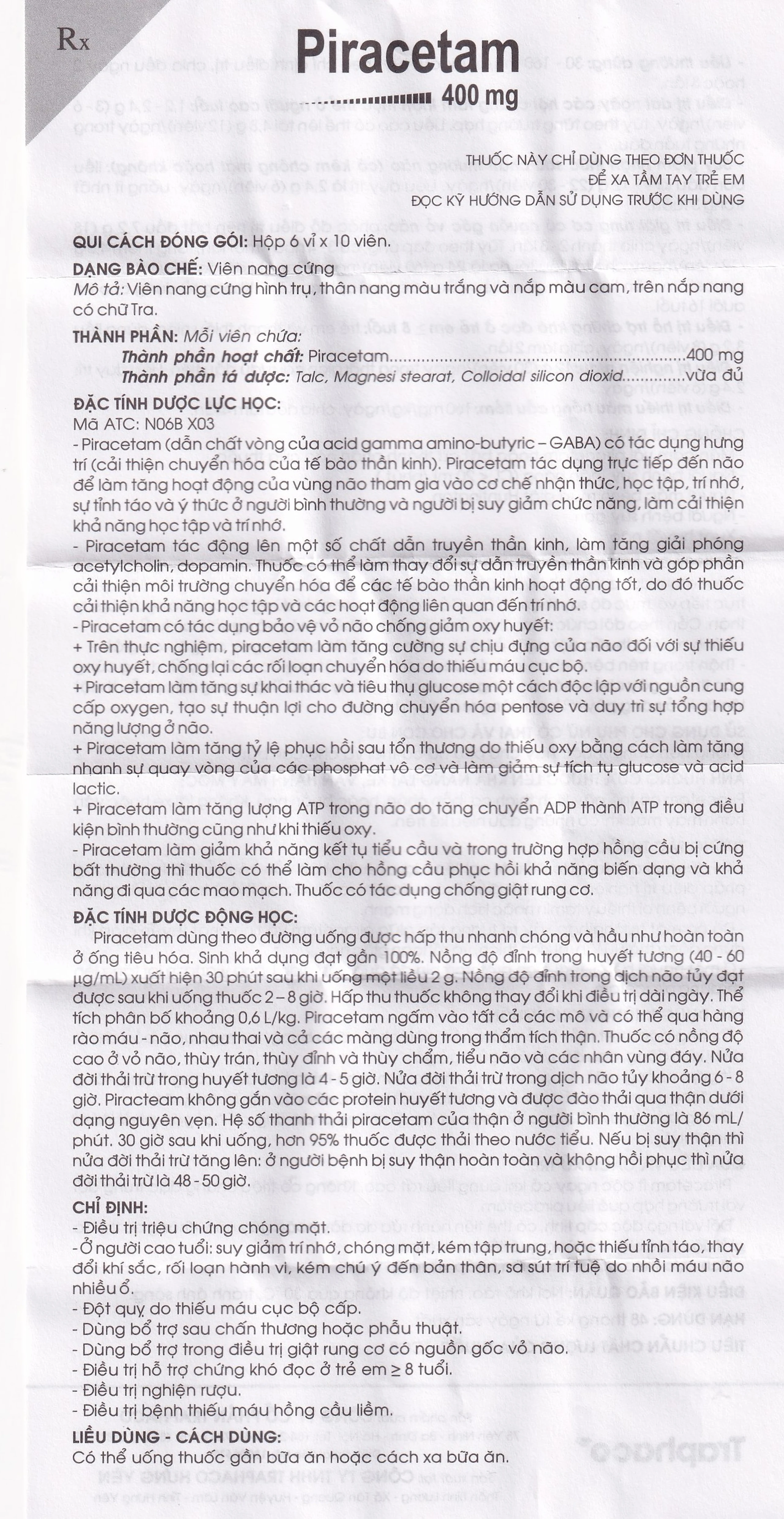 Viên nang cứng Piracetam 400mg Traphaco điều trị triệu chứng chóng mặt, suy giảm trí nhớ (6 vỉ x 10 viên) 