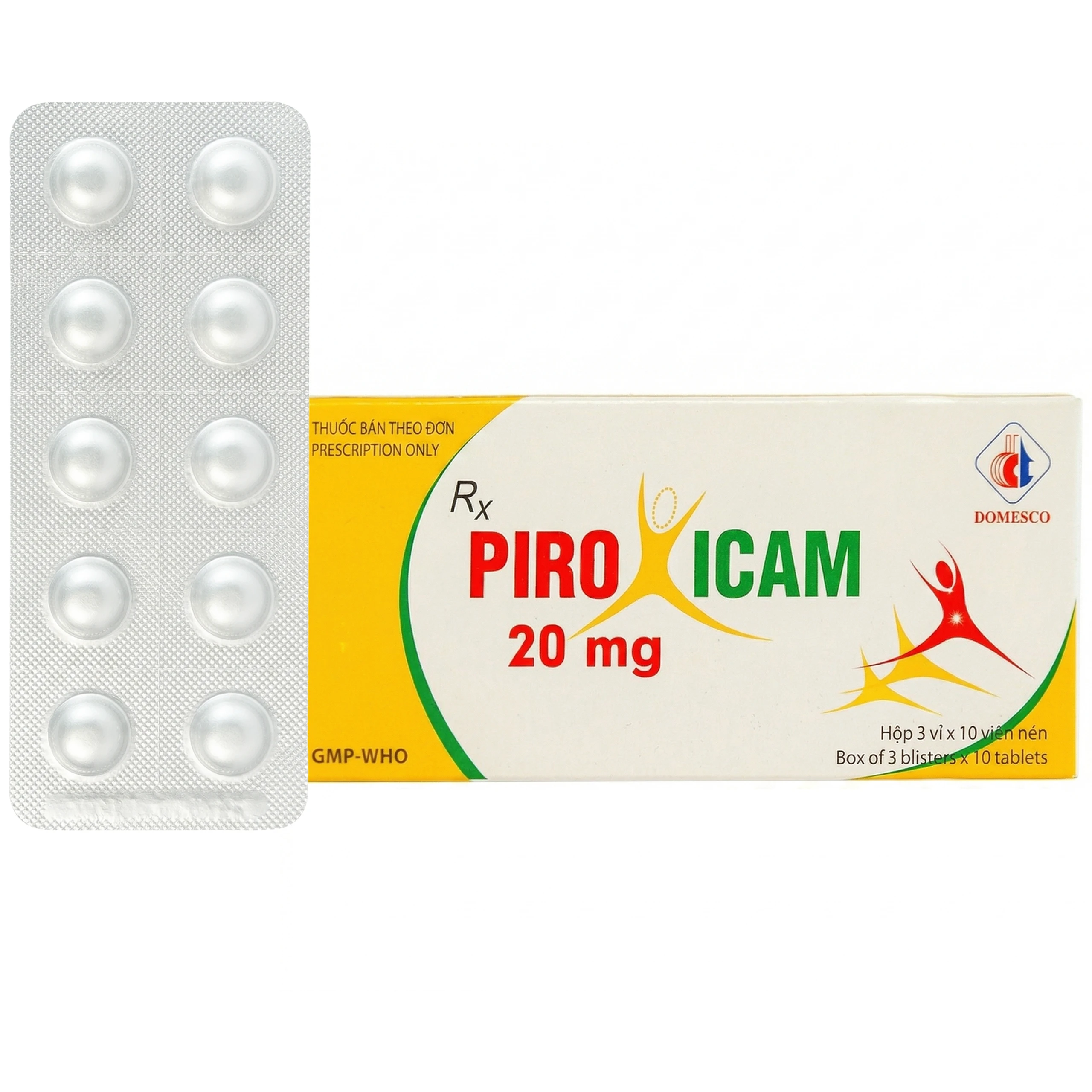 Viên nén Piroxicam 20mg Domesco giảm triệu chứng viêm khớp dạng thấp (3 vỉ x 10 viên)