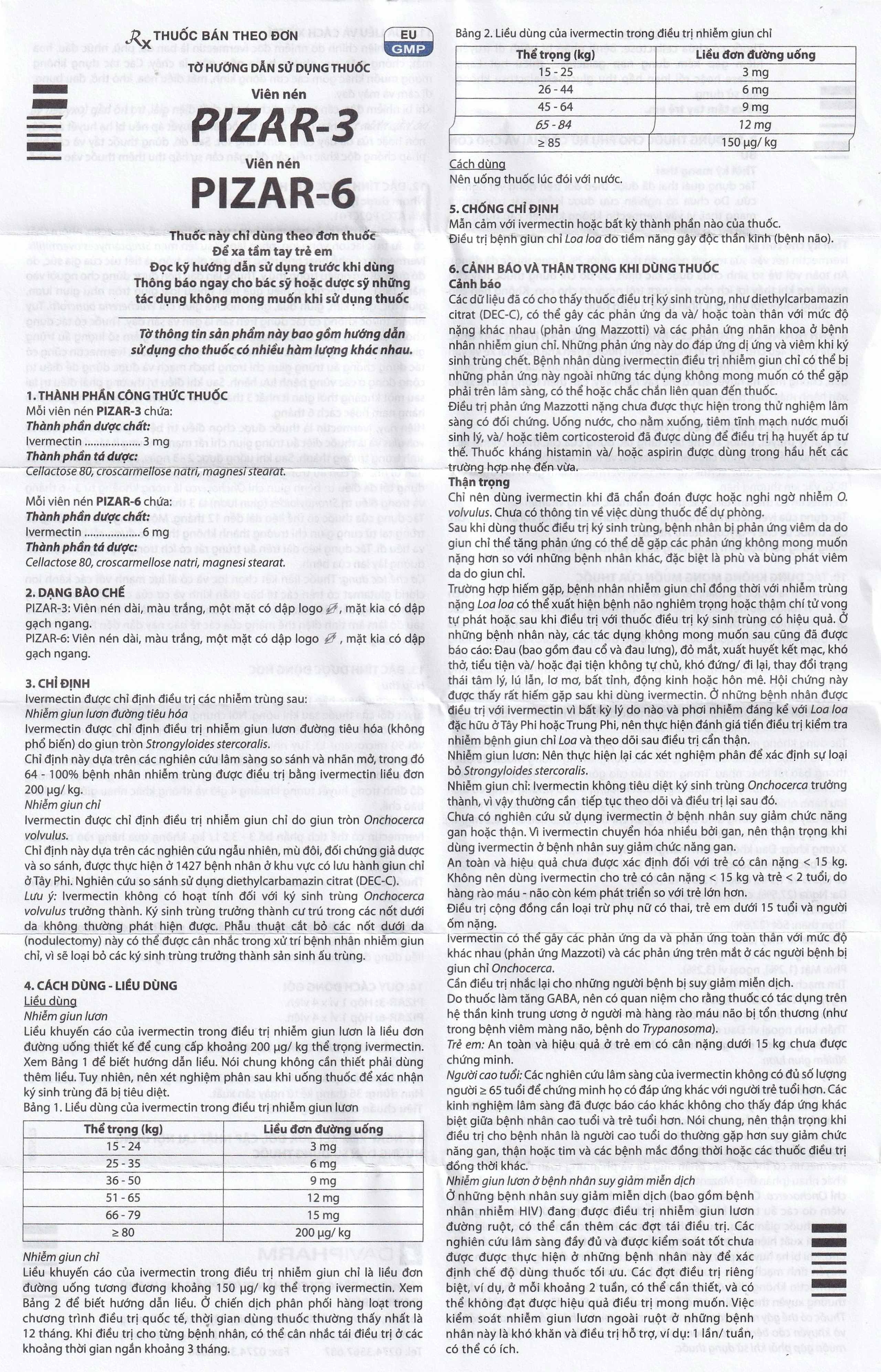 Viên nén Pizar-6 DaViPharm điều trị các bệnh nhiễm giun lươn, giun chỉ (1 vỉ x 4 viên)