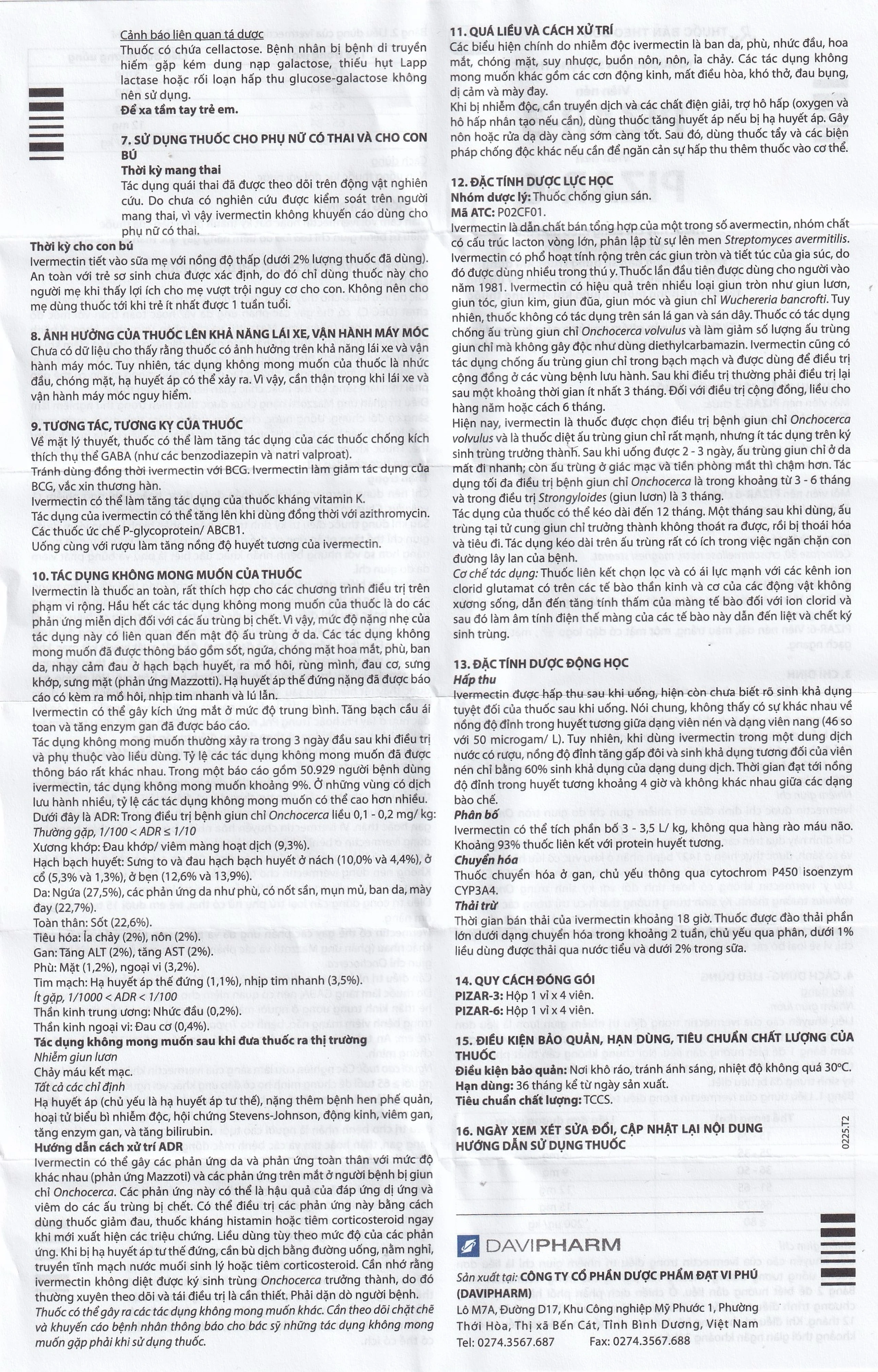 Viên nén Pizar-6 DaViPharm điều trị các bệnh nhiễm giun lươn, giun chỉ (1 vỉ x 4 viên)