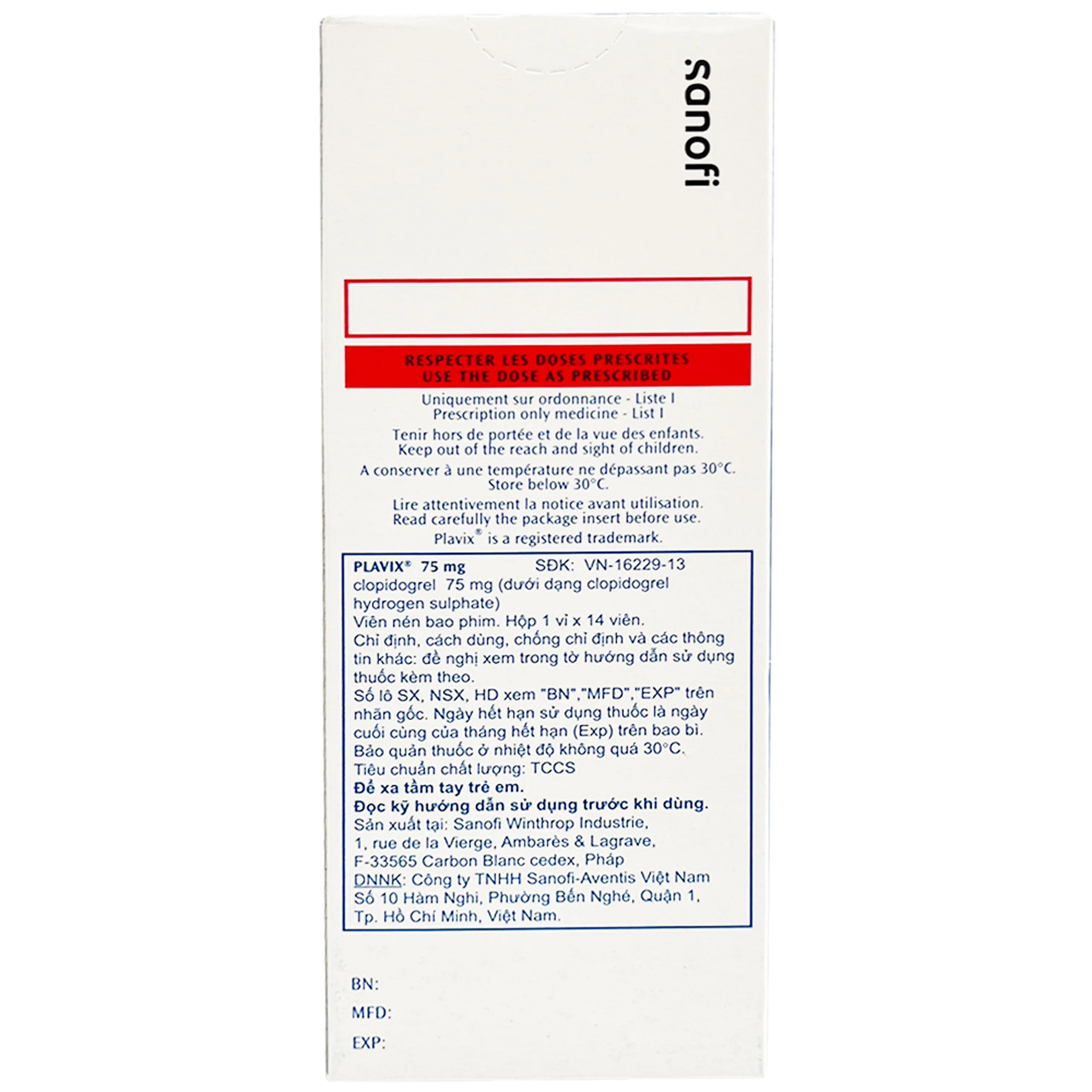 Thuốc Plavix 75mg Sanofi giảm nguy cơ thành lập cục máu đông, huyết khối (1 vỉ x 14 viên)