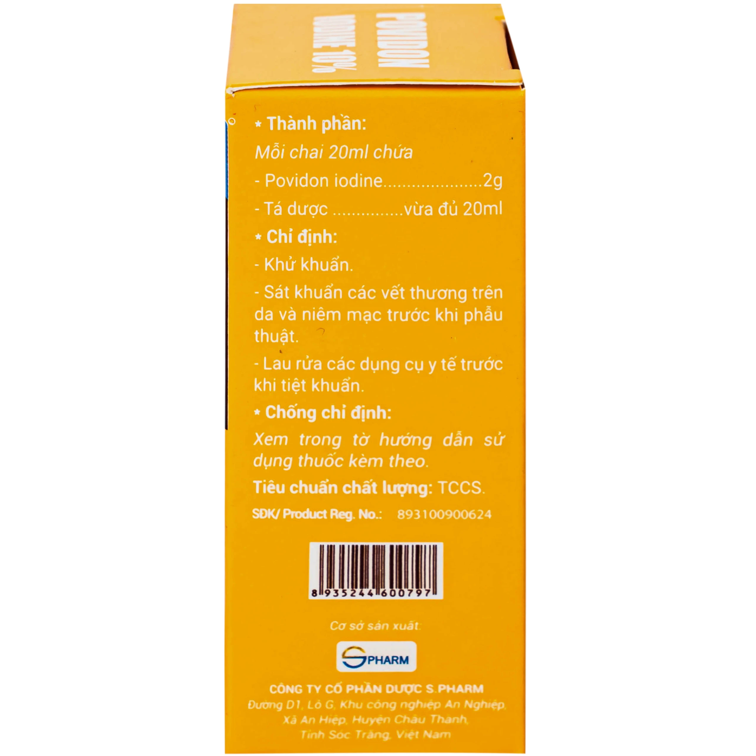 Dung dịch dùng ngoài Povidon Iodin 10% S.Pharm khử khuẩn, sát khuẩn các vết thương trên da và niêm mạc (Hộp 20ml)