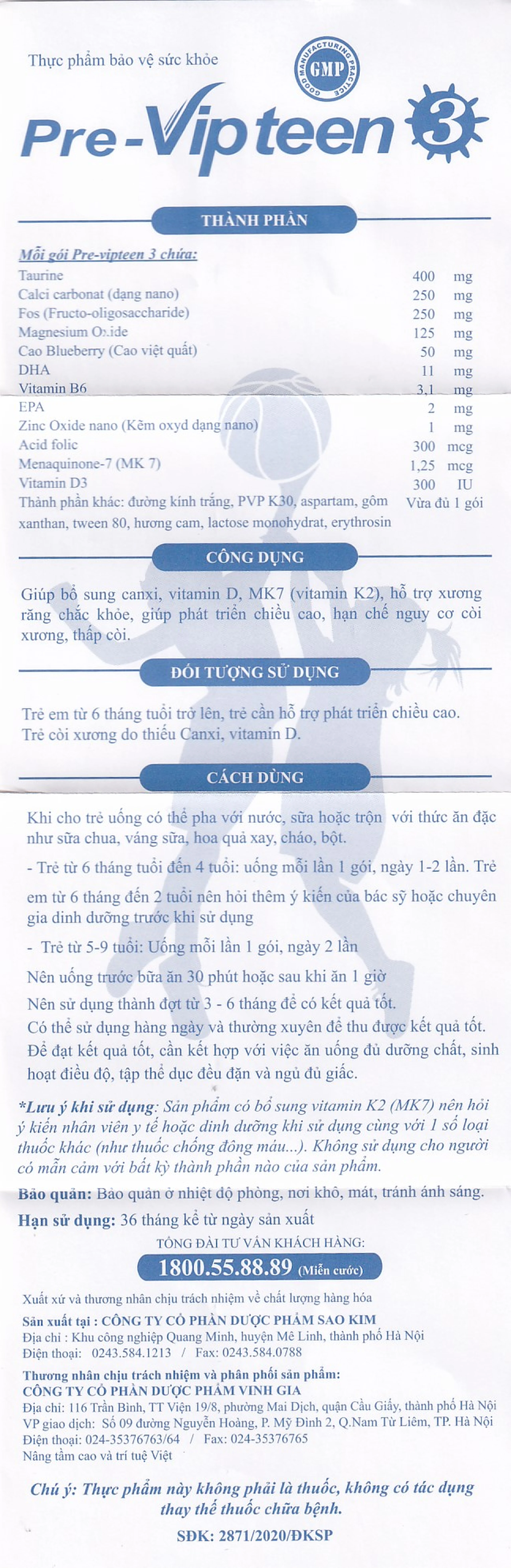 Cốm phát triển chiều cao Pre-Vipteen 3 20 gói