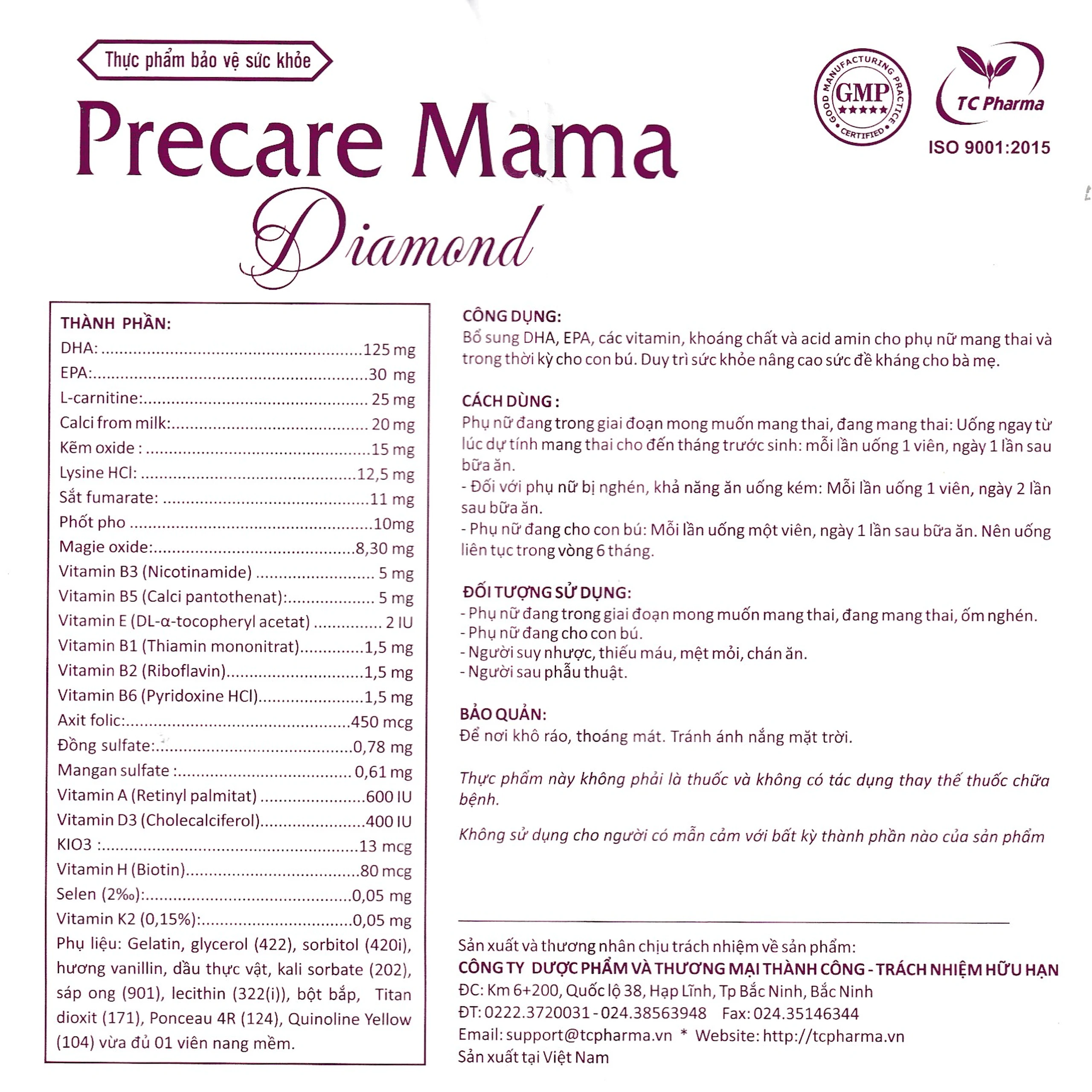 Viên uống Precare Mama Diamond cung cấp các vitamin, khoáng chất cho phụ nữ mang thai (30 viên)