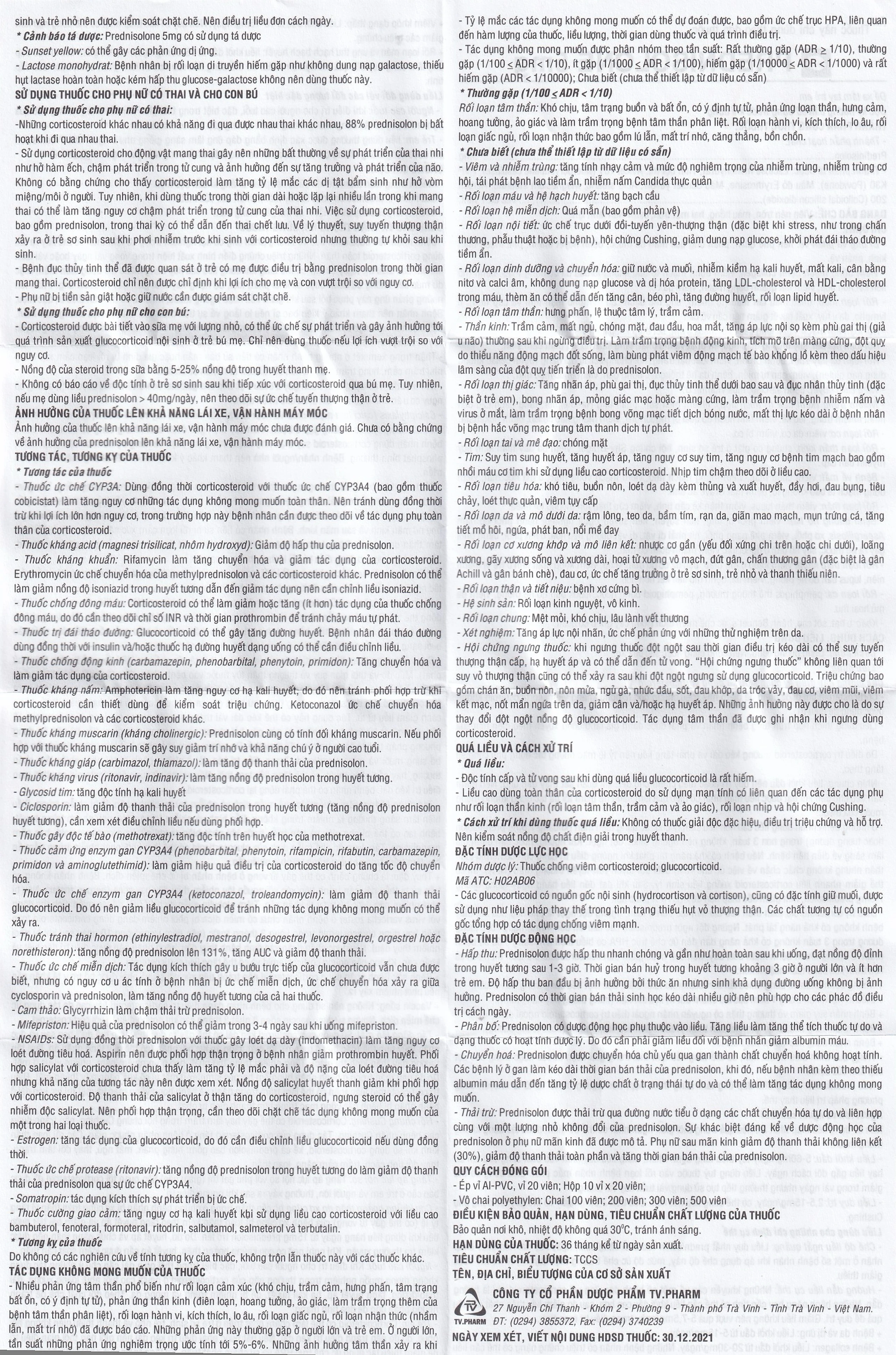 Thuốc Prednisolone 5mg TV.Pharm chống viêm, chống dị ứng và ức chế miễn dịch (10 vỉ x 20 viên)