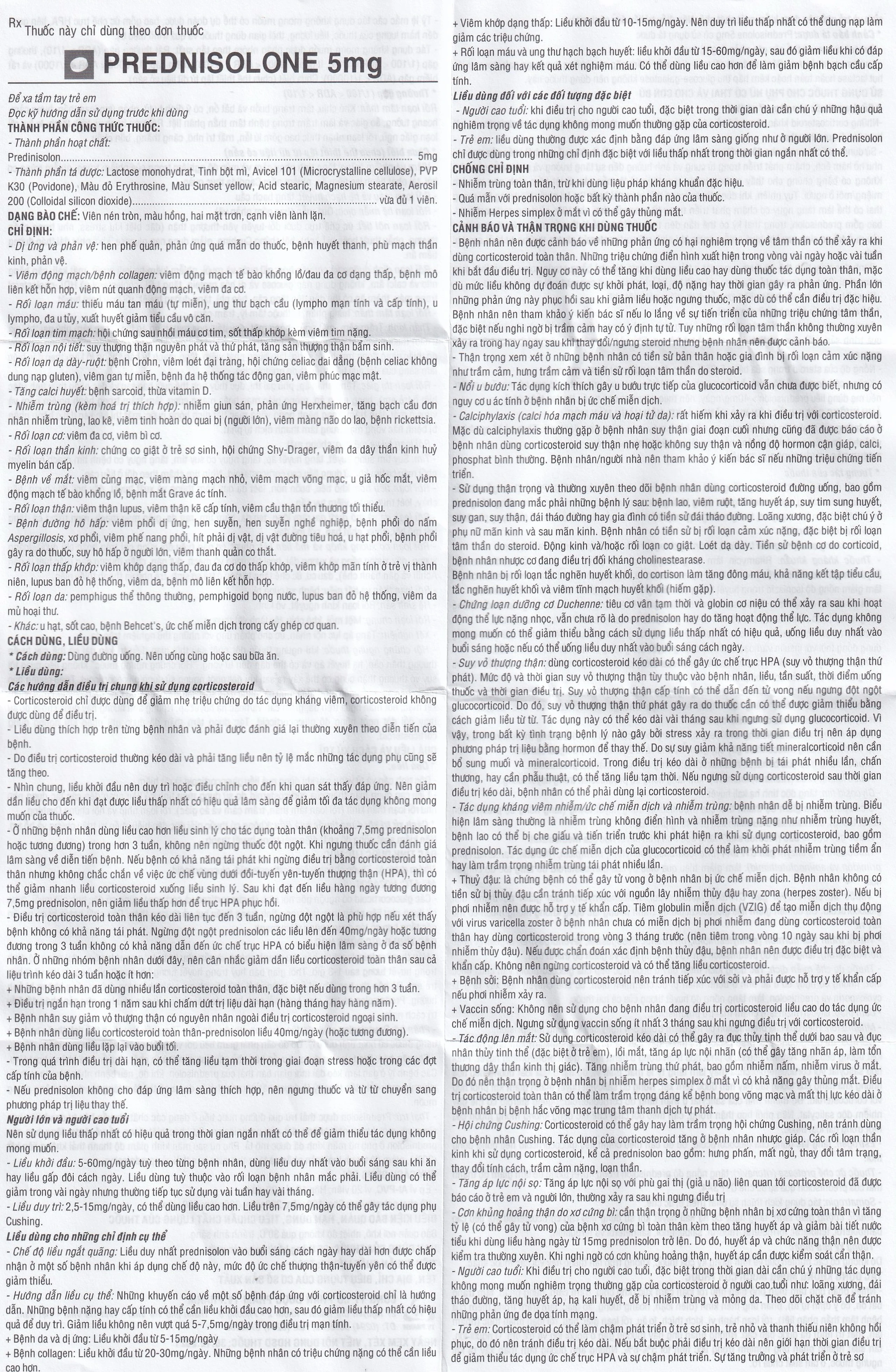 Thuốc Prednisolone 5mg TV.Pharm chống viêm, chống dị ứng và ức chế miễn dịch (10 vỉ x 20 viên)