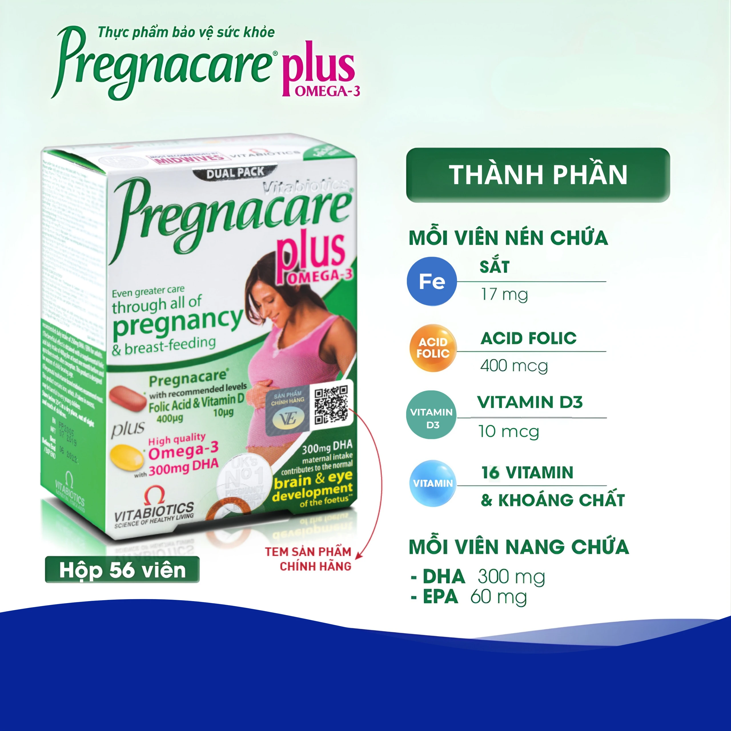 Viên uống bổ sung Vitamin Omega-3 và khoáng chất Vitabiotics Pregnacare Plus (56 viên)