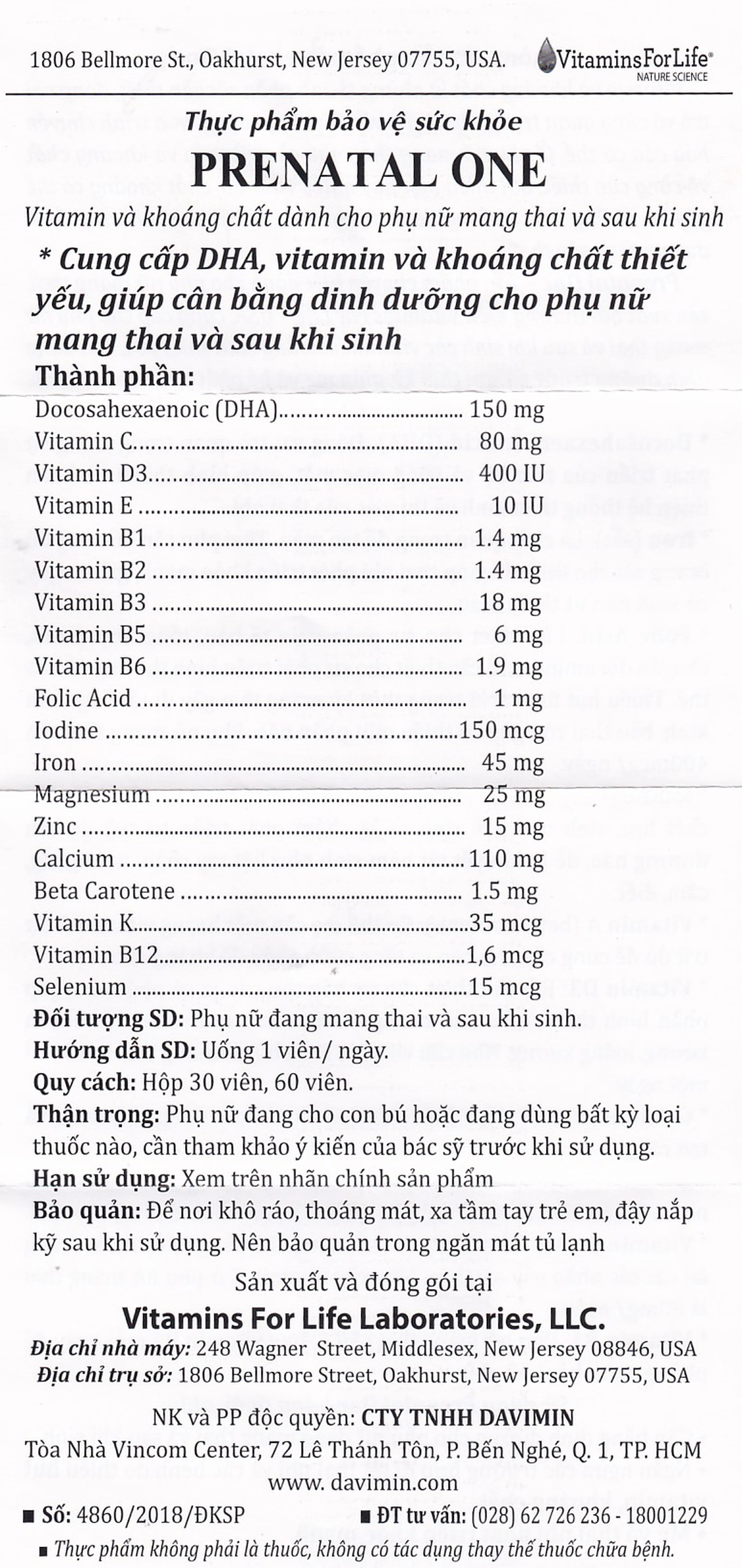 Viên uống bổ sung vitamin và khoáng chất cho phụ nữ mang thai và sau sinh Prenatal One Vitamins For Life (60 viên)