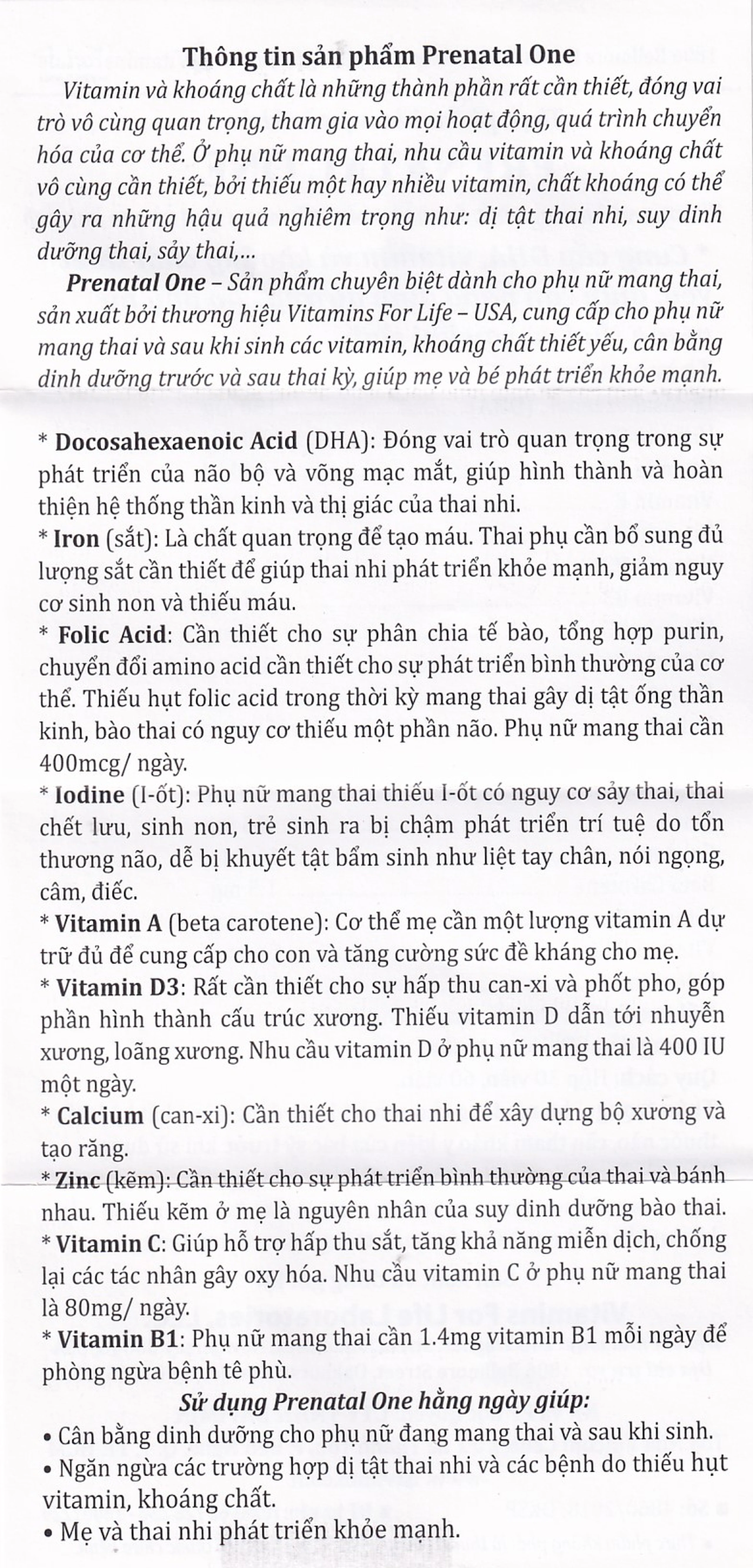 Viên uống bổ sung vitamin và khoáng chất cho phụ nữ mang thai và sau sinh Prenatal One Vitamins For Life (60 viên)