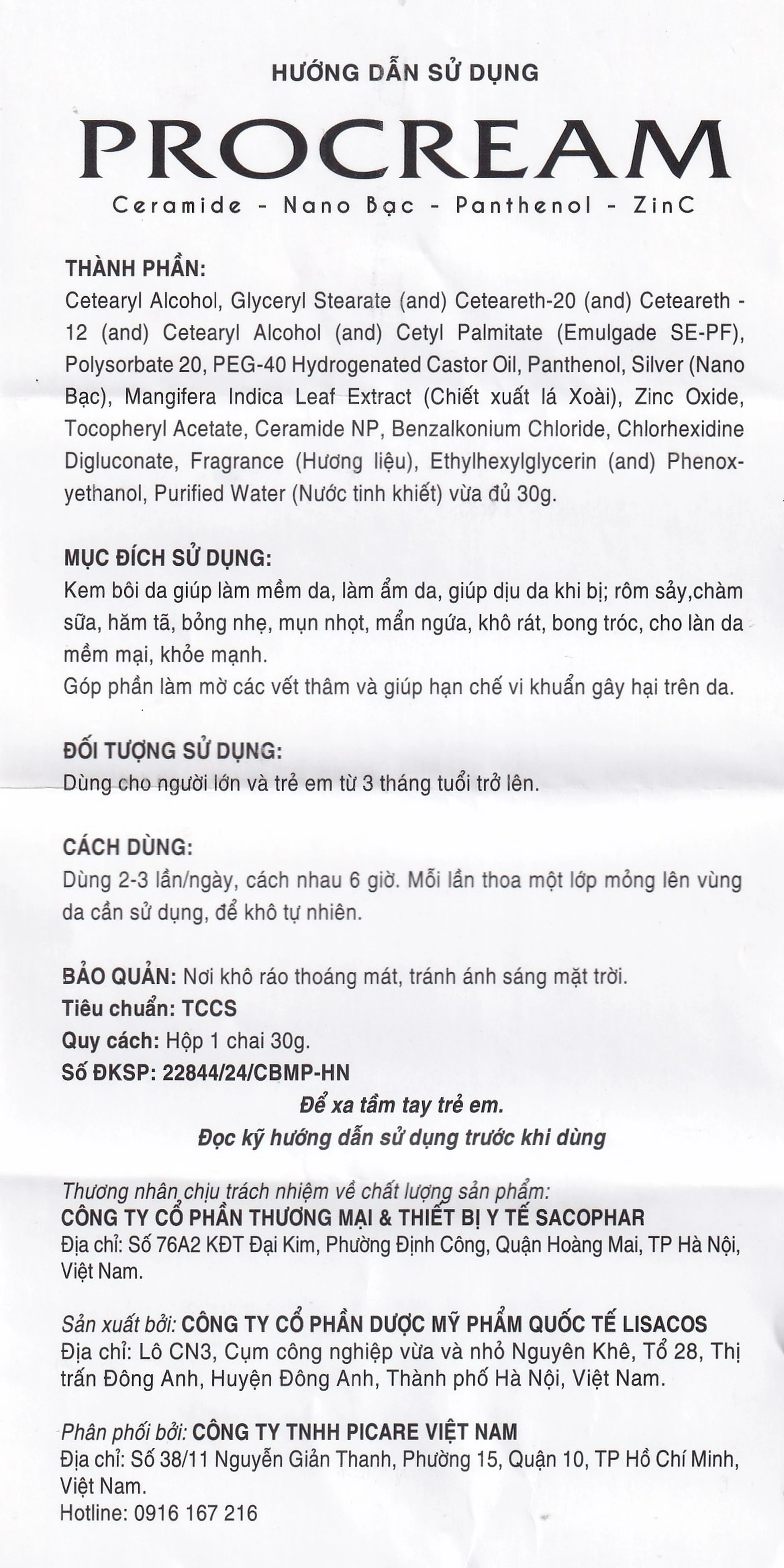 Kem bôi hăm tã, chàm sữa, bỏng, kích ứng da Procream 30g