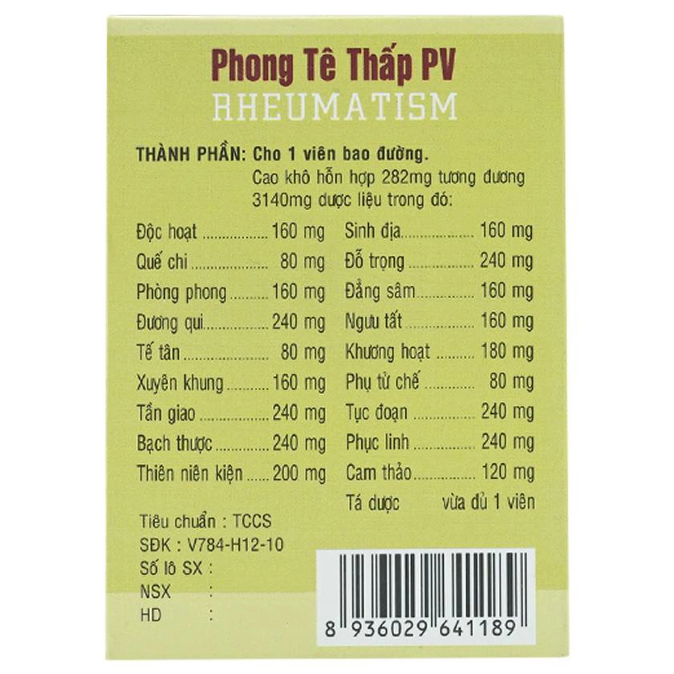 Thuốc Phong Tê Thấp PV điều trị phong thấp, thắt lưng, đầu gối đau nhức (100 viên)