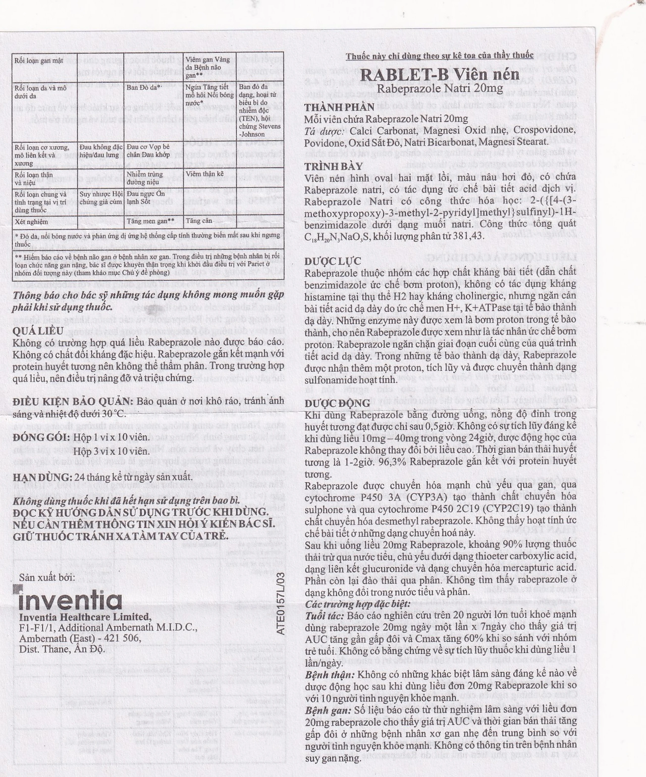 Thuốc Rablet-B Inventia điều trị loét do hội chứng trào ngược dạ dày, thực quản (3 vỉ x 10 viên)