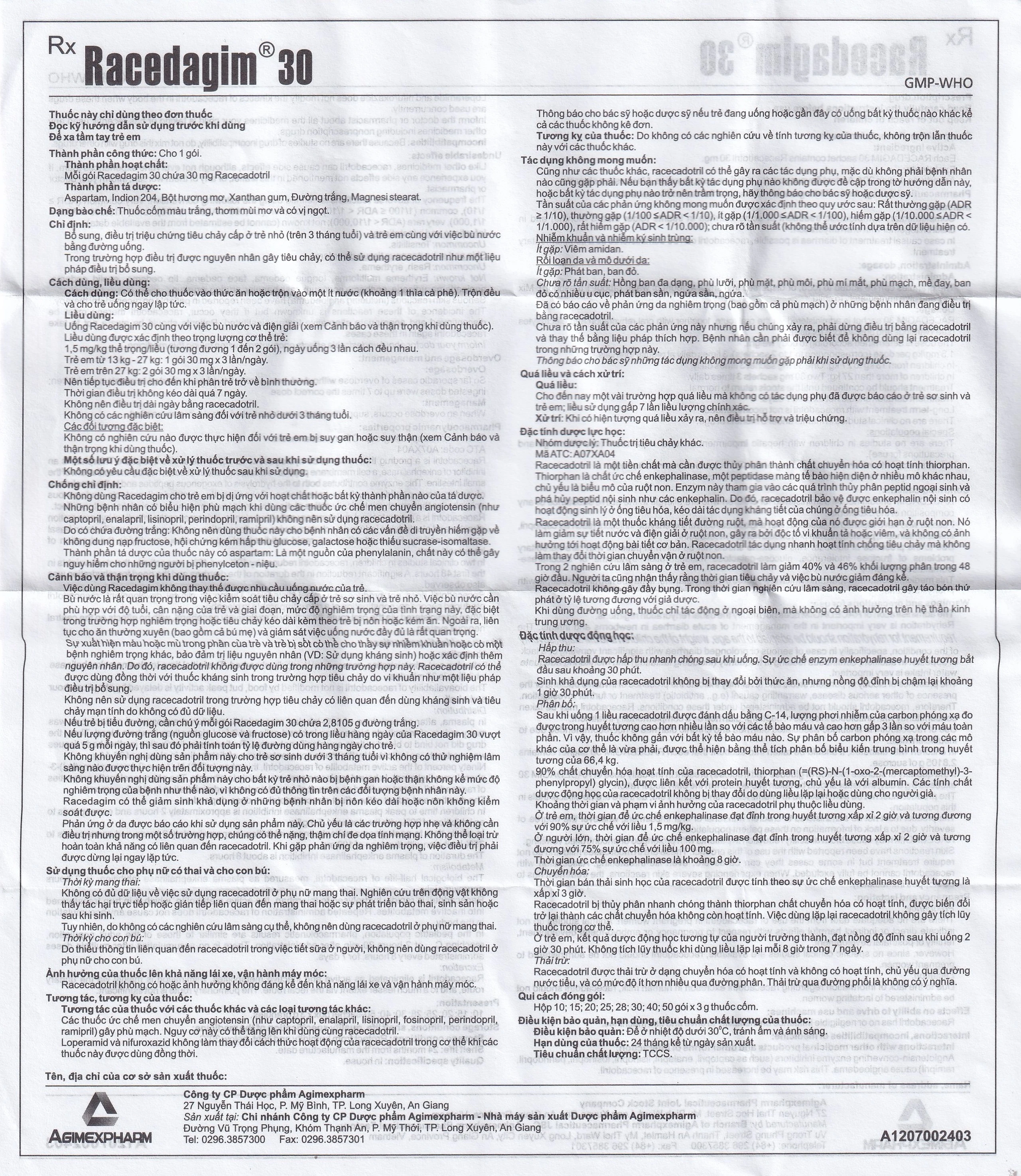 Thuốc cốm Racedagim 30MG Agimexpharm điều trị tiêu chảy cấp ở trẻ em (30 gói x 3g)