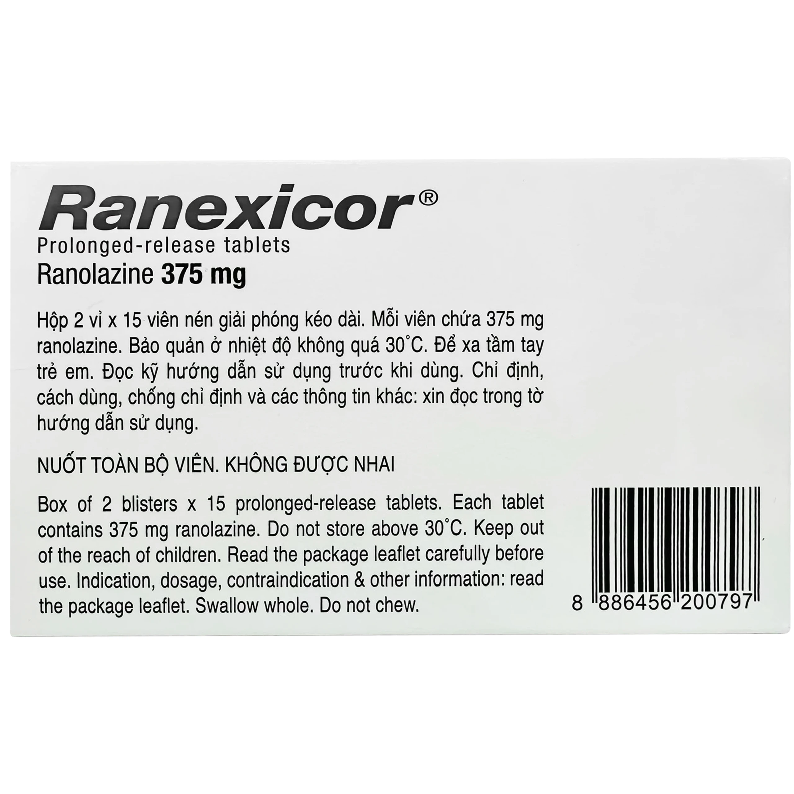 Thuốc Ranexicor 375MG Menarini điều trị đau thắt ngực mãn tính (2 vỉ x 15 viên)