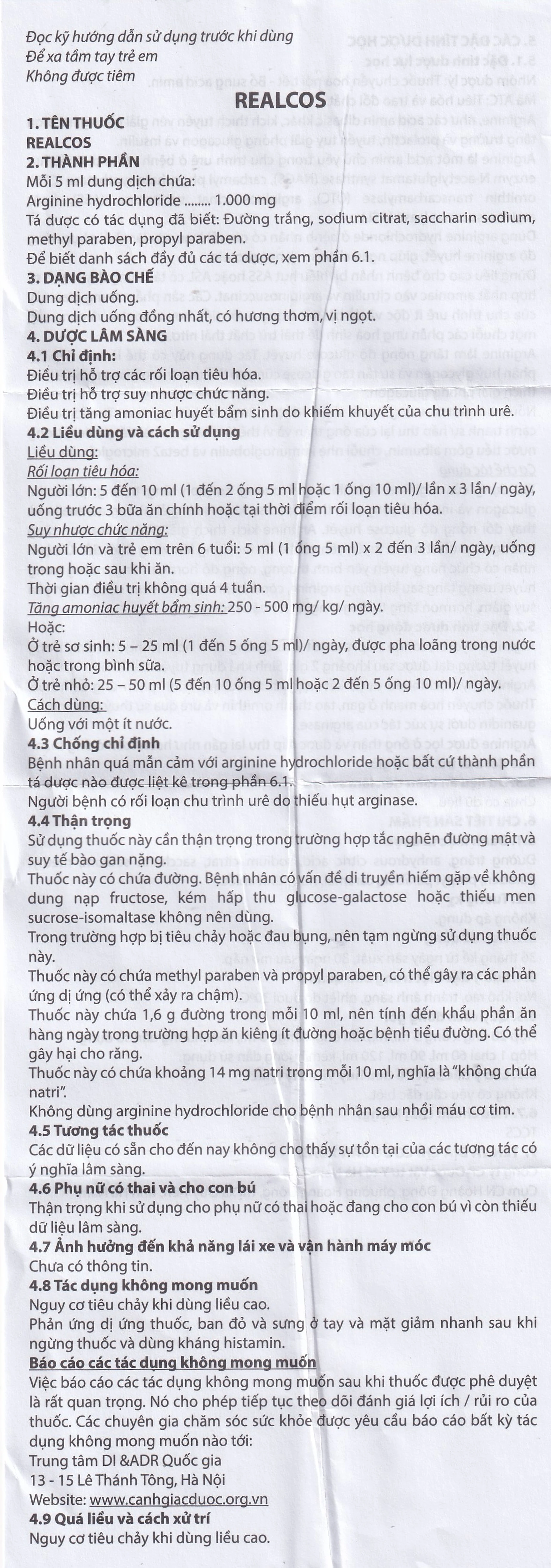 Thuốc Realcos 1000mg/5ml Hà Nam điều trị các bệnh lý liên quan đến rối loạn chu trình urê, bao gồm thiếu hụt các enzyme (20 ống) 7