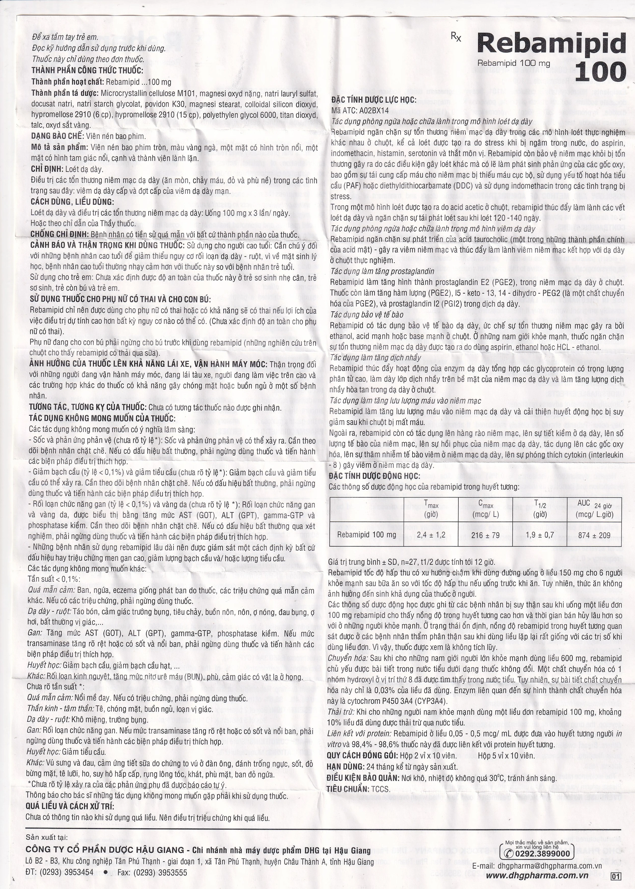 Thuốc Rebamipid 100 DHG điều trị loét dạ dày (5 vỉ x 10 viên)