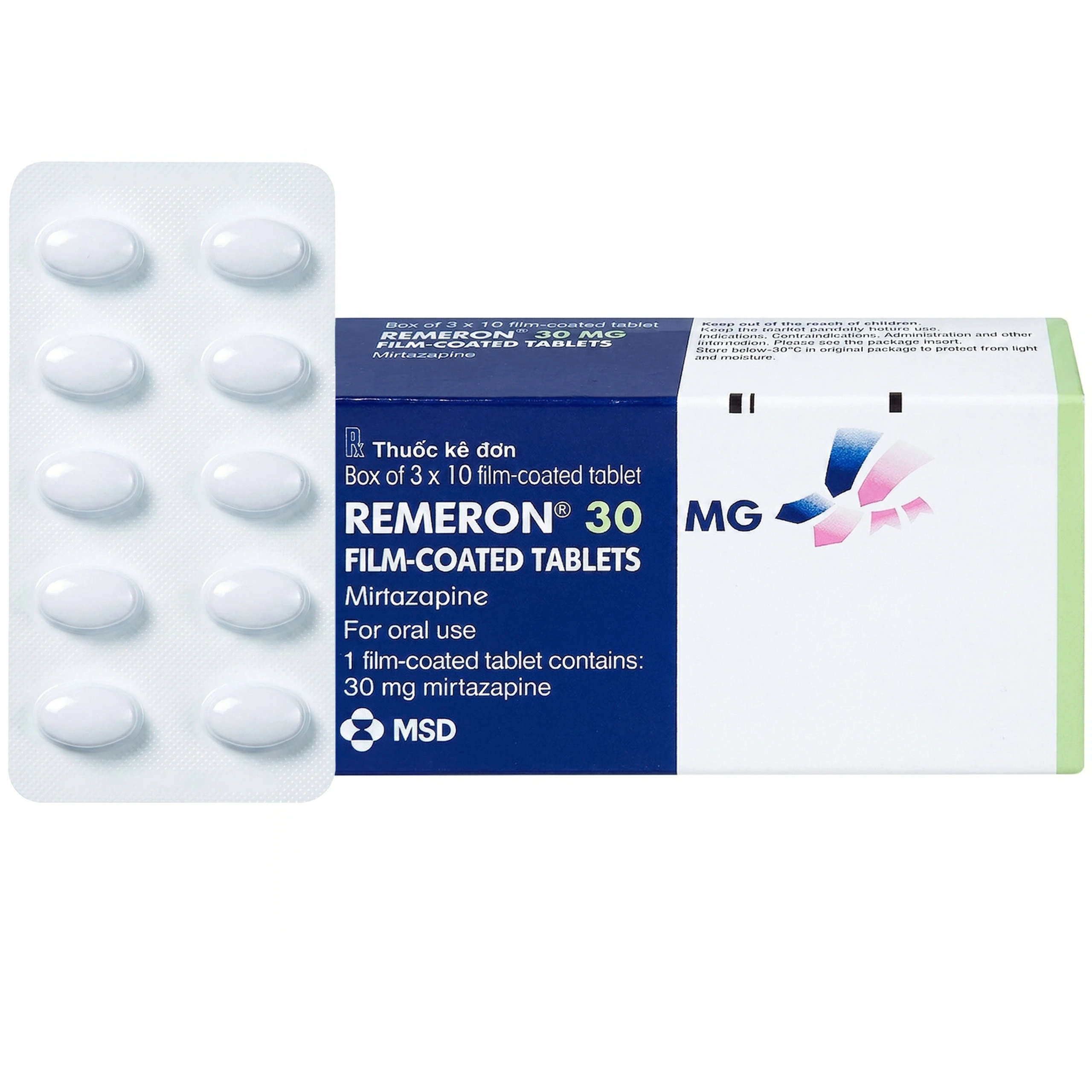 Thuốc Remeron 30mg MSD điều trị các đợt của trầm cảm nặng (3 vỉ x 10 viên)
