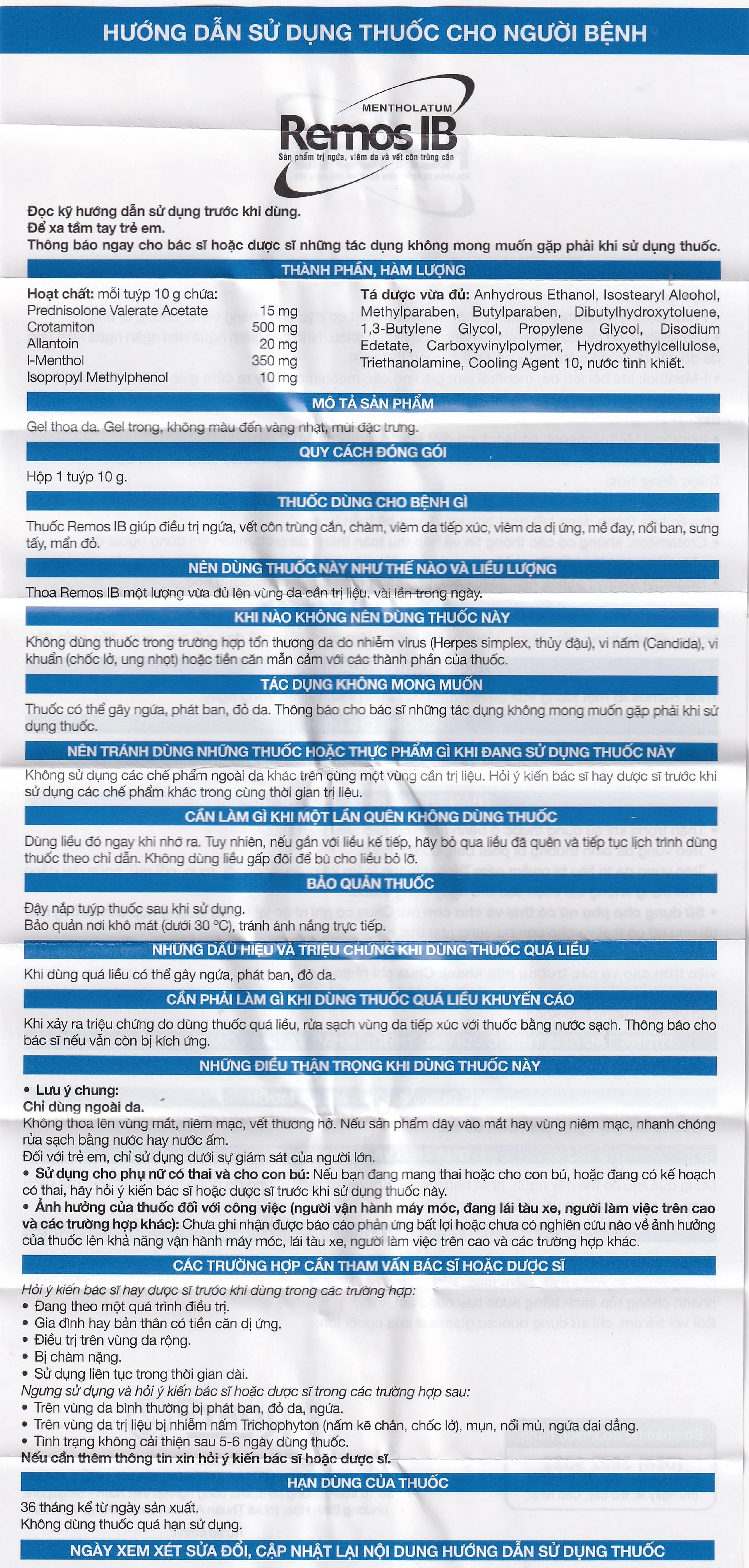 Gel Remos IB trị ngứa, viêm da và vết côn trùng cắn (10g)