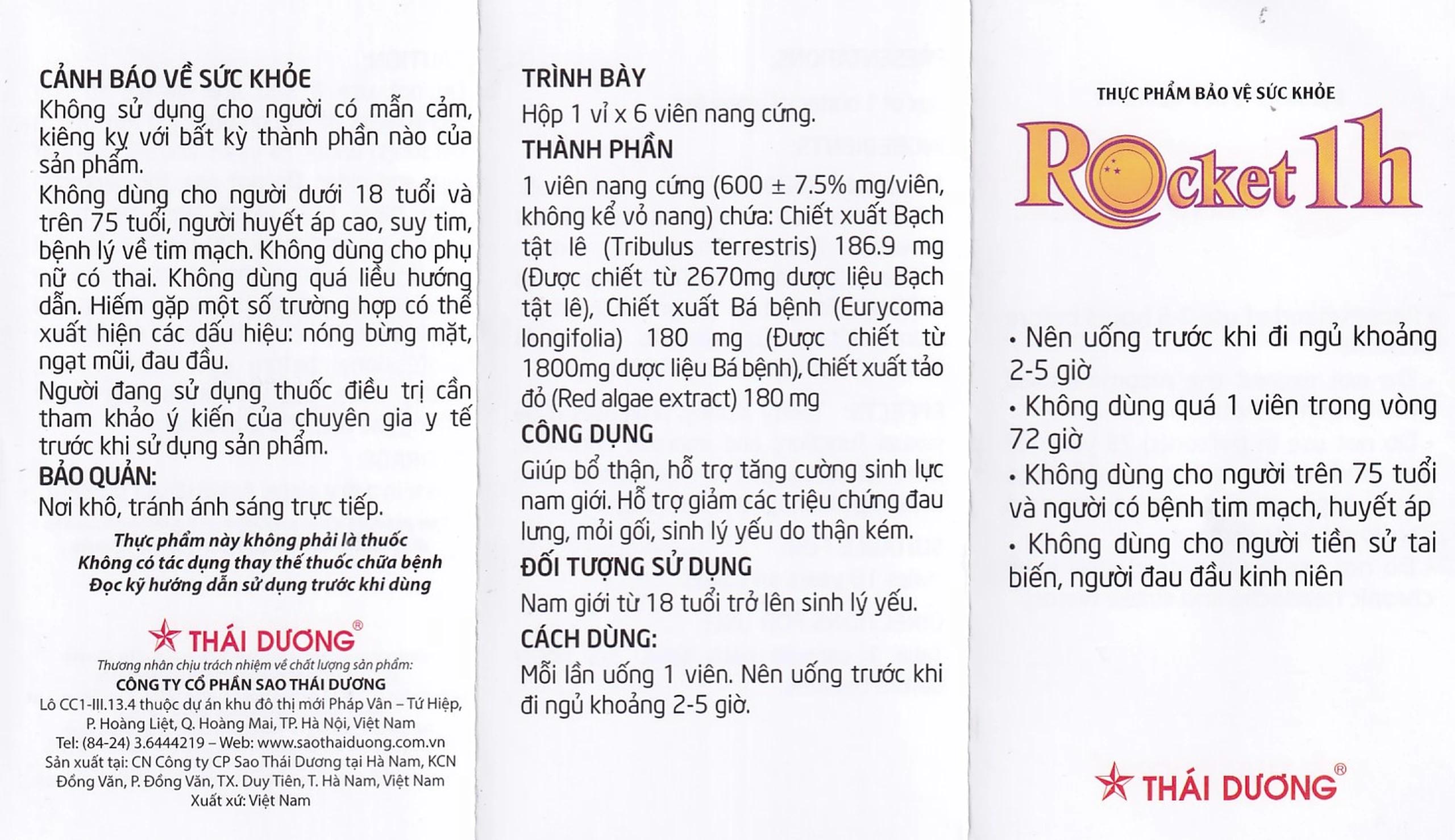 Viên hỗ trợ tăng cường sinh lực nam giới Rocket 1h Sao Thái Dương (6 viên)