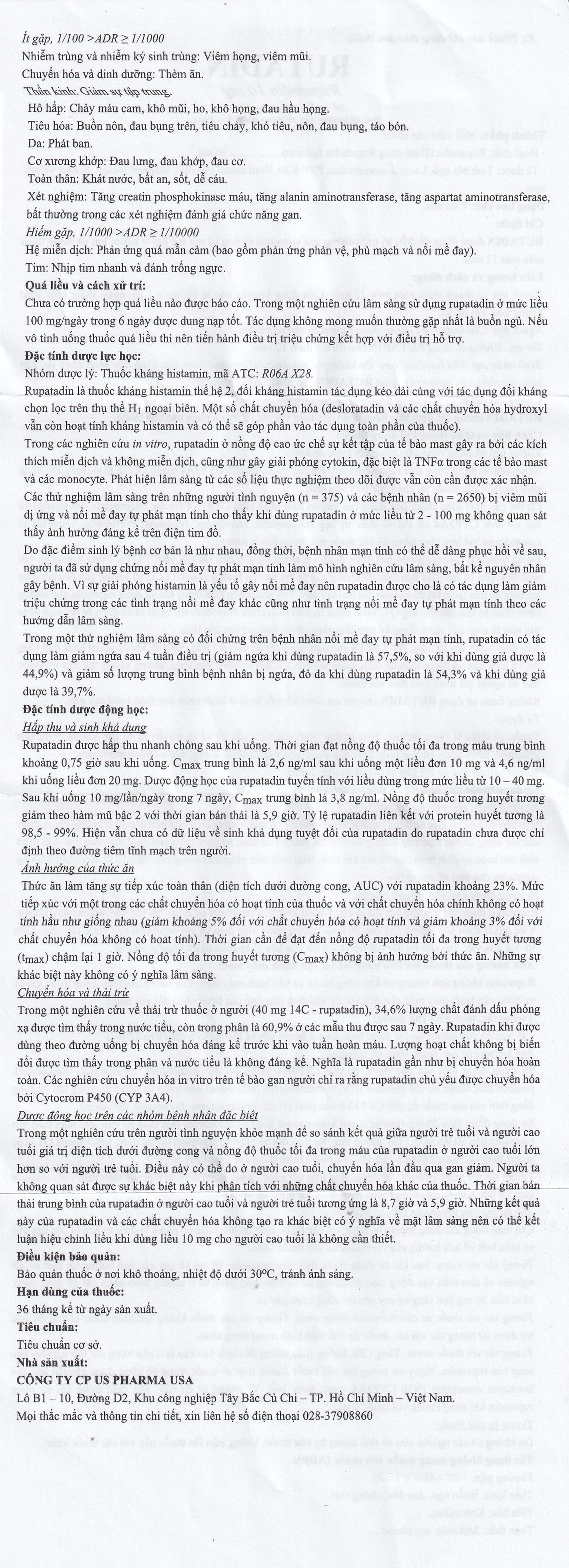 Thuốc Rutadin 10mg pharma usa điều trị triệu chứng của viêm mũi dị ứng và nổi mề đay (3 vỉ x 10 viên)