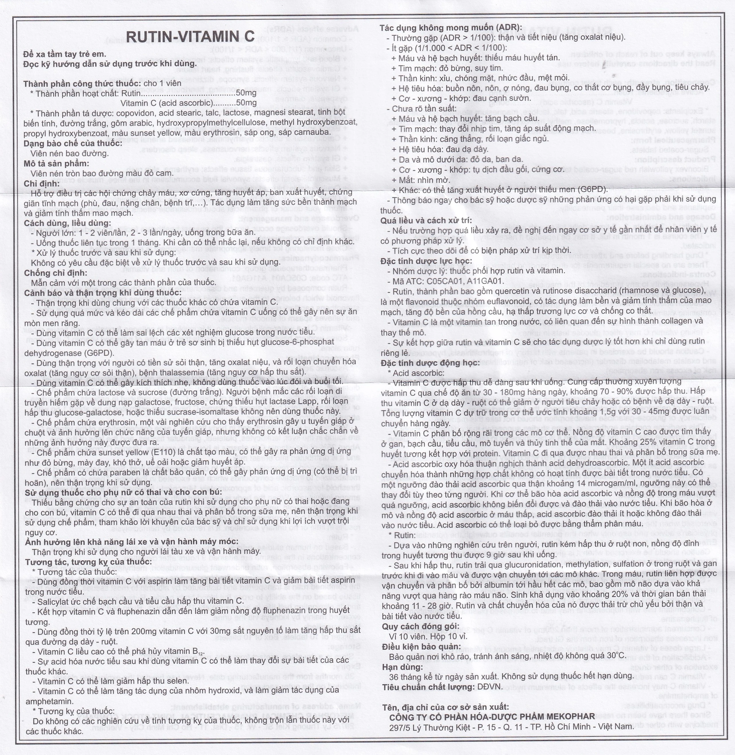 Thuốc Rutin-Vitamin C Mekophar hỗ trợ điều trị các hội chứng chảy máu, xơ cứng (10 vỉ x 10 viên)