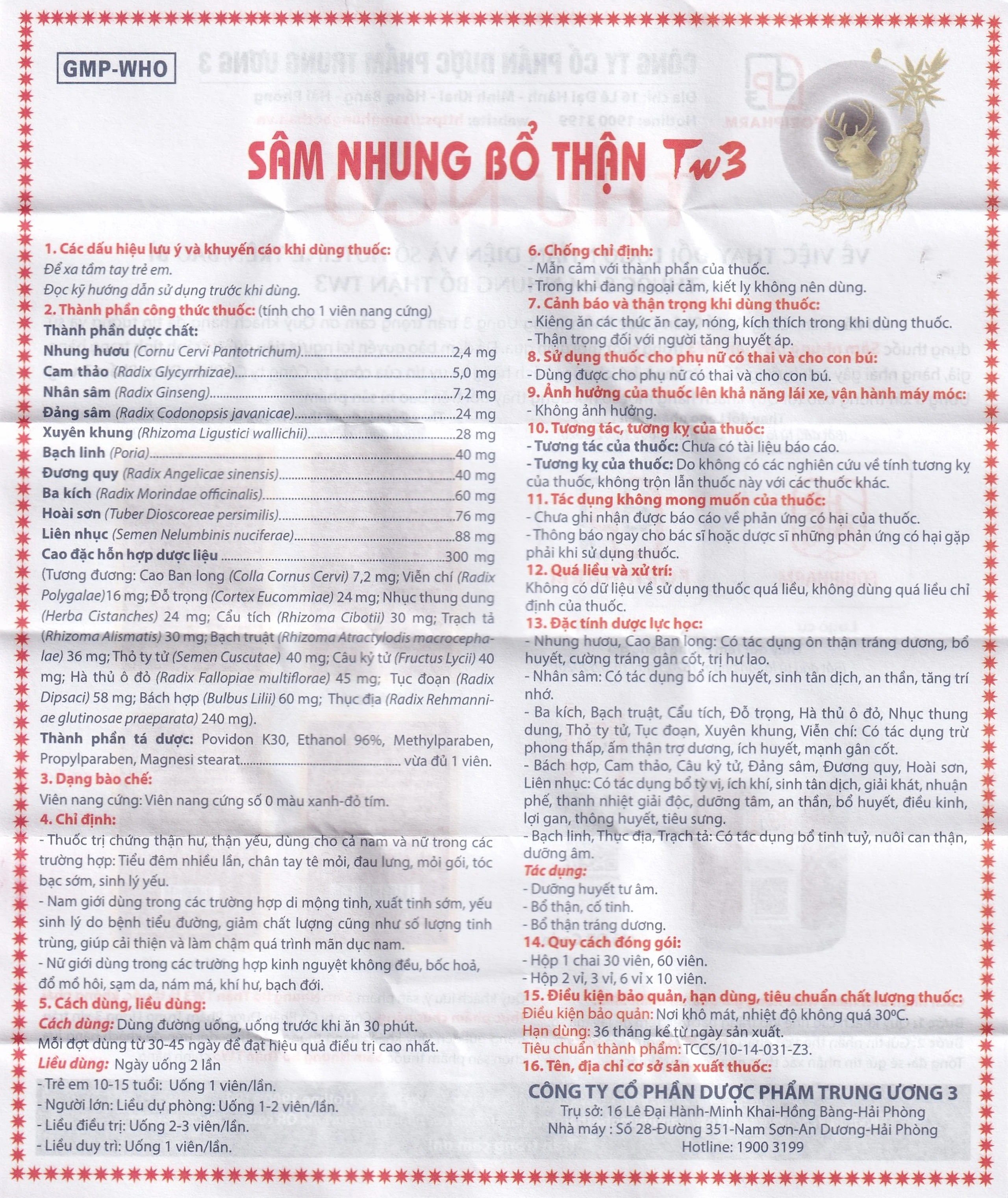Thuốc Sâm Nhung Bổ Thận TW3 dưỡng huyết tư âm, bổ thận, cố tinh (30 viên)