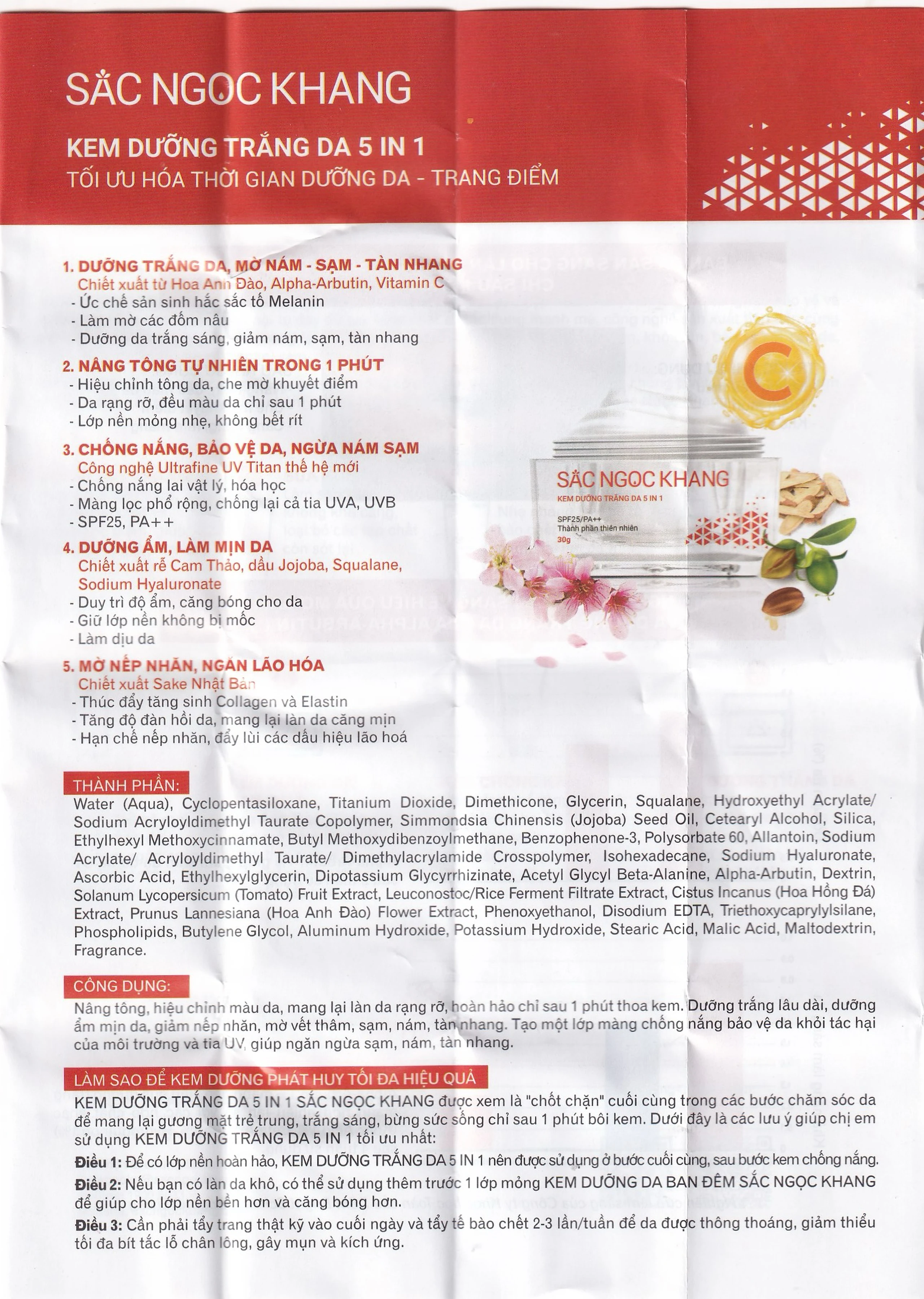 Kem dưỡng trắng da 5 in 1 SPF25/PA++ Sắc Ngọc Khang HTP 30g giúp nâng tông, hiệu chỉnh màu da