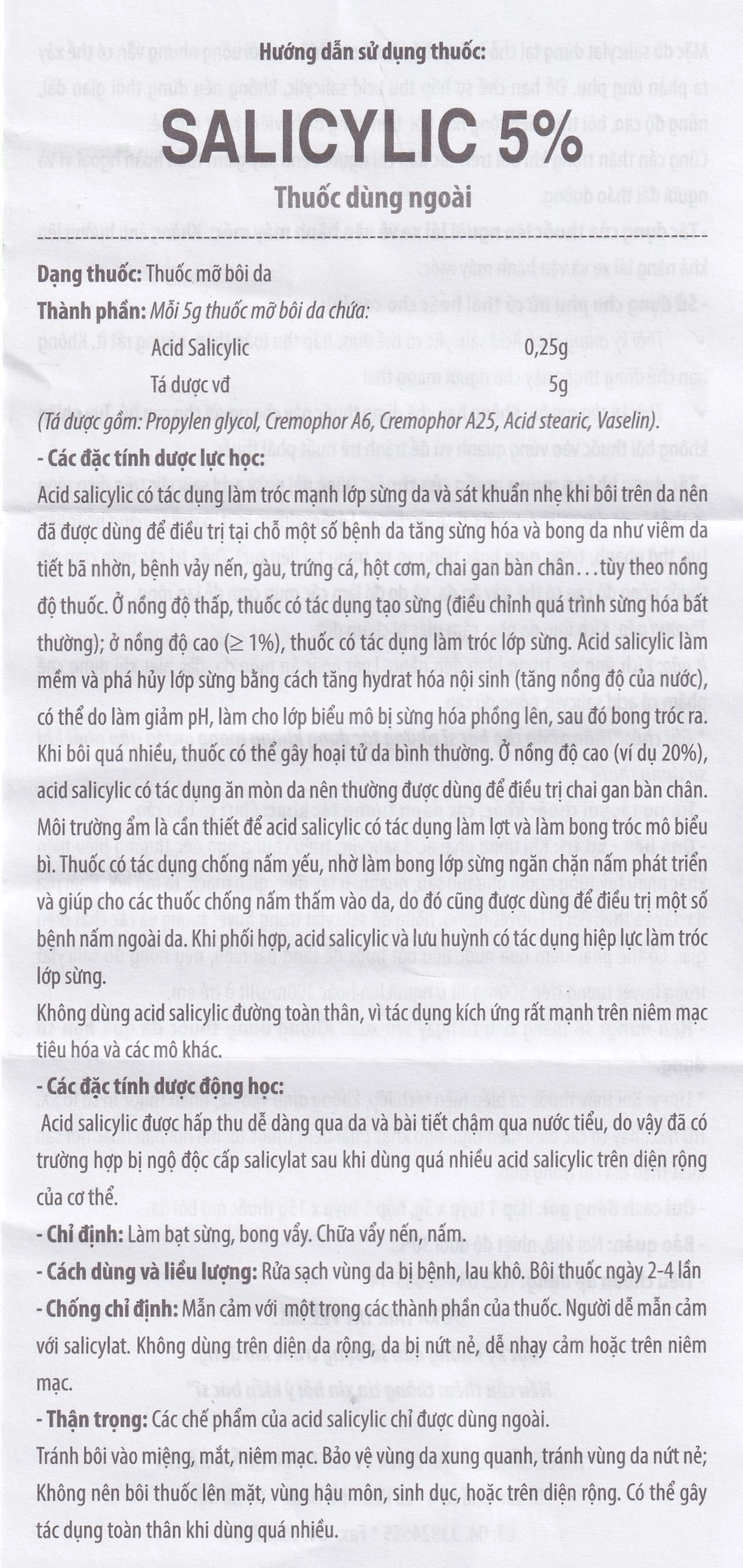 Thuốc mỡ bôi da Salicylic 5% Hataphar làm bạt sừng, bong vẩy (15g)