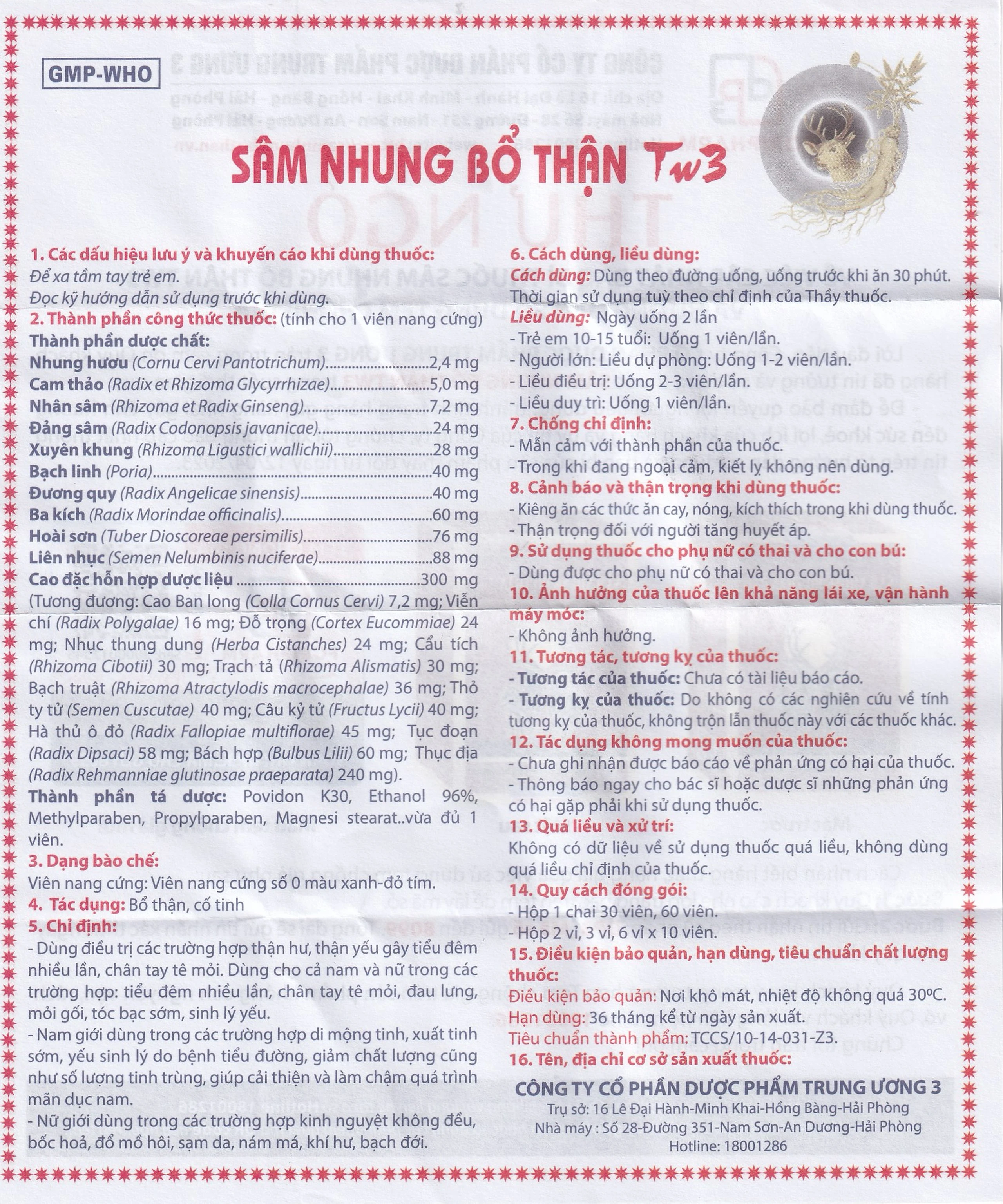 Sâm nhung bổ thận TW3 Foripharm giúp tăng cường sức khỏe, cải thiện tiểu đêm, tê mỏi chân tay (60 viên)