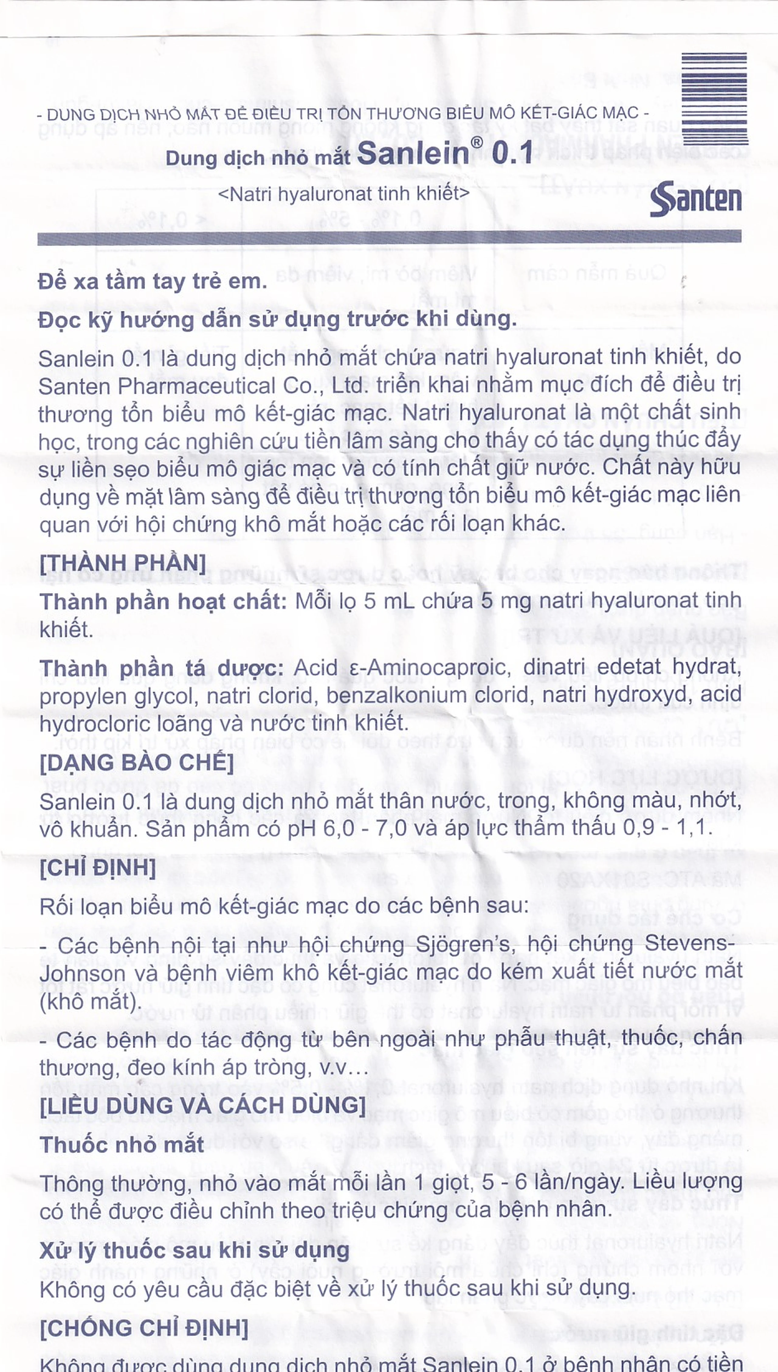 Thuốc nhỏ mắt Sanlein 0.1% Santen hỗ trợ điều trị rối loạn biểu mô kết giác mạc (5ml)