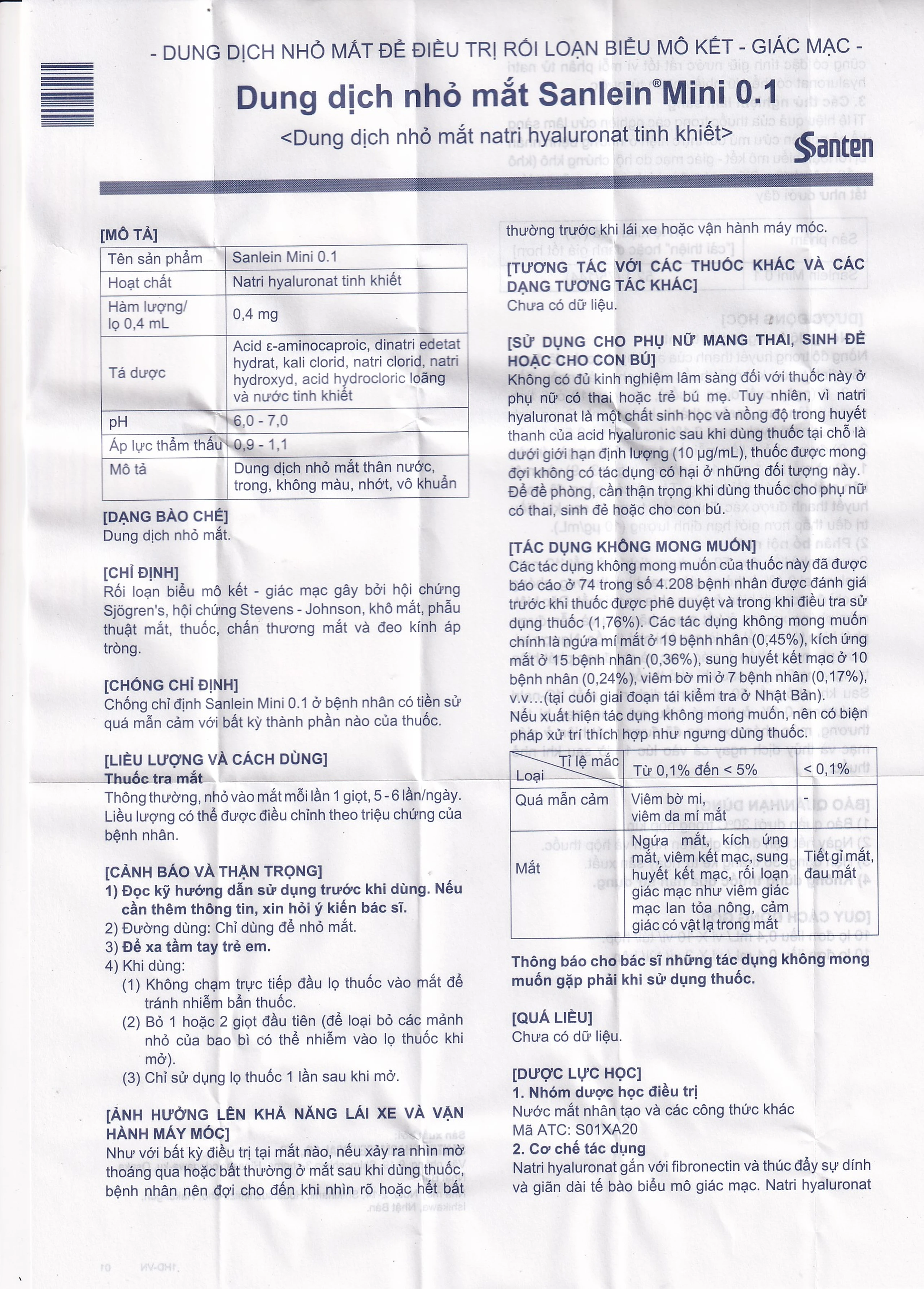 Thuốc nhỏ mắt Sanlein Mini 0.1% Santen hỗ trợ điều trị rối loạn biểu mô kết giác mạc (3 vỉ x 10 lọ x 0.4ml)